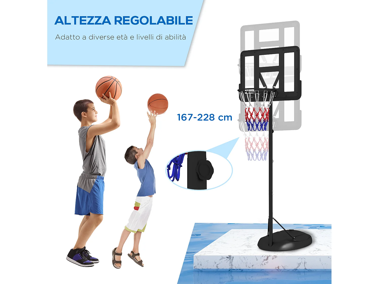 Canestro basket ad altezza regolabile in acciaio e pe nero