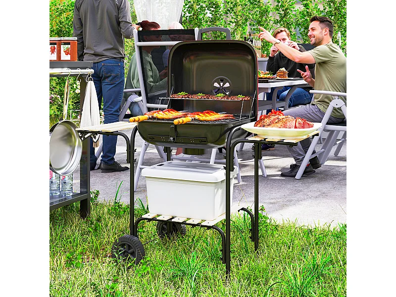 Barbecue a carbone con 3 ripiani ruote e coperchio con ventola rosso