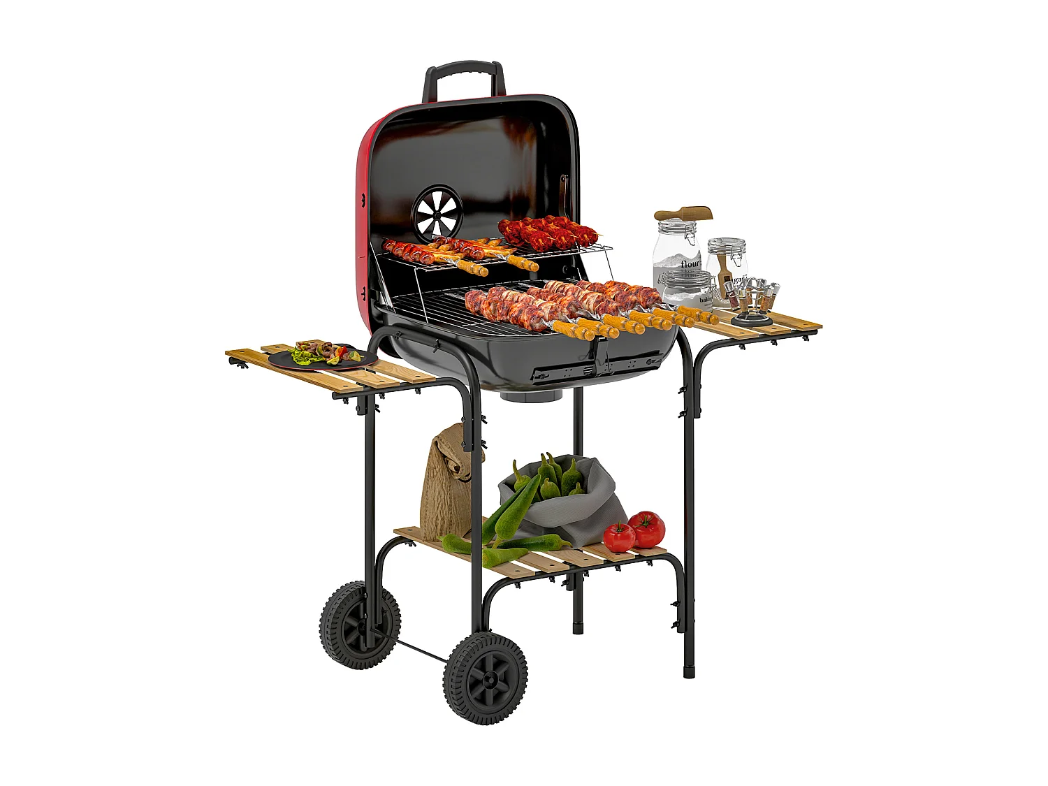 Barbecue a carbone con 3 ripiani ruote e coperchio con ventola rosso