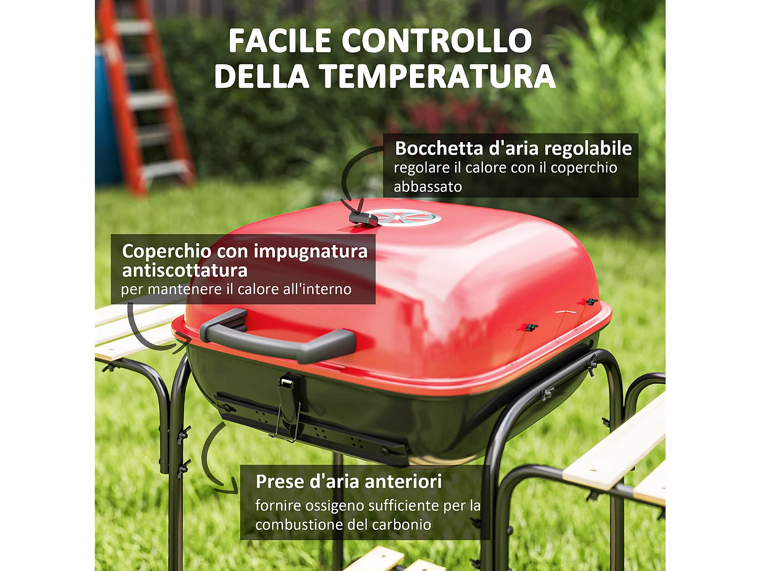 Barbecue a carbone con 3 ripiani ruote e coperchio con ventola rosso