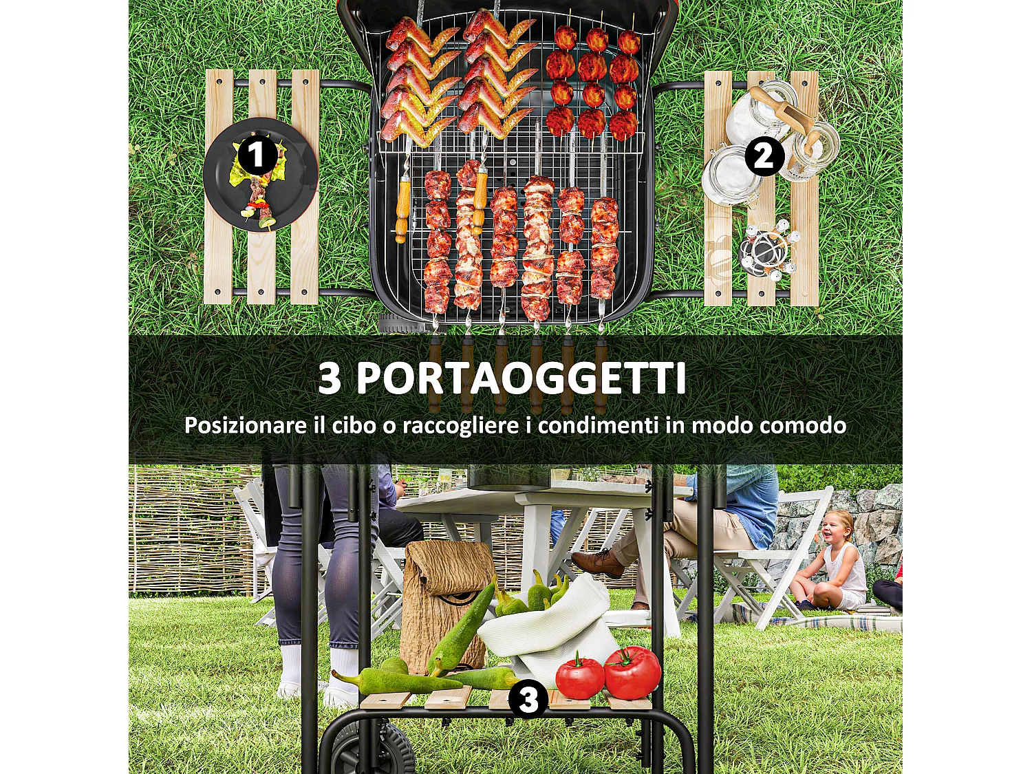 Barbecue a carbone con 3 ripiani ruote e coperchio con ventola rosso