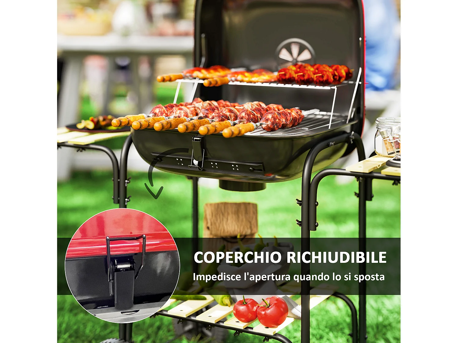 Barbecue a carbone con 3 ripiani ruote e coperchio con ventola rosso
