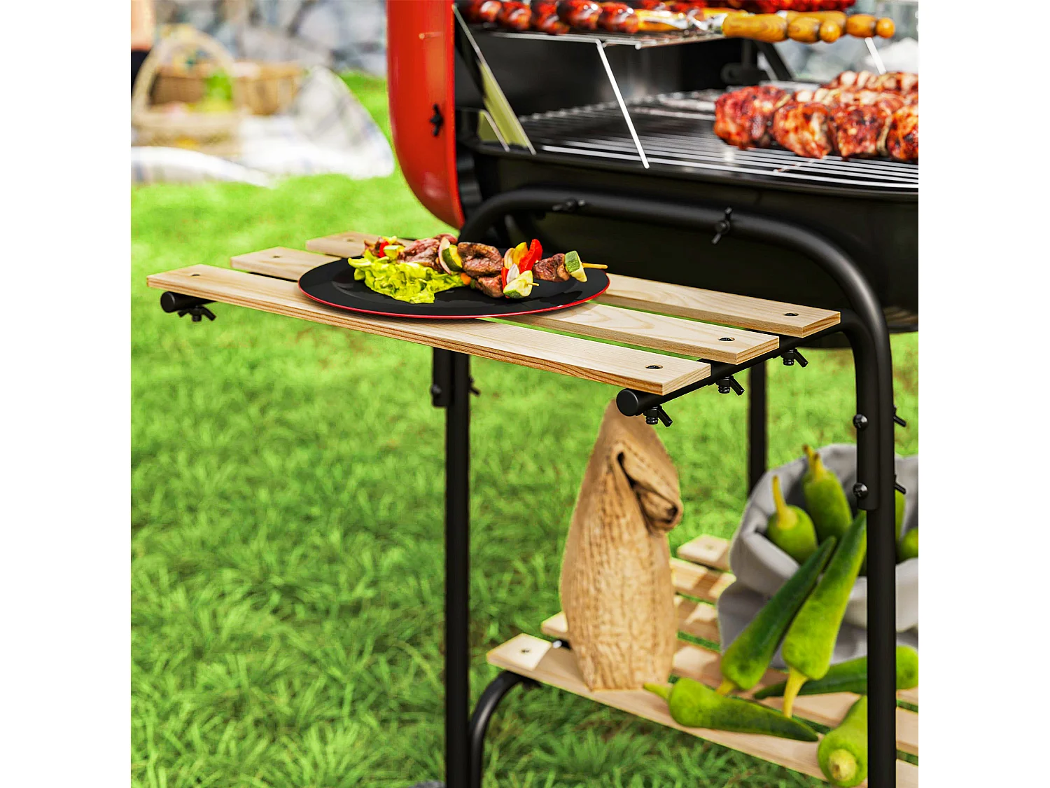 Barbecue a carbone con 3 ripiani ruote e coperchio con ventola rosso