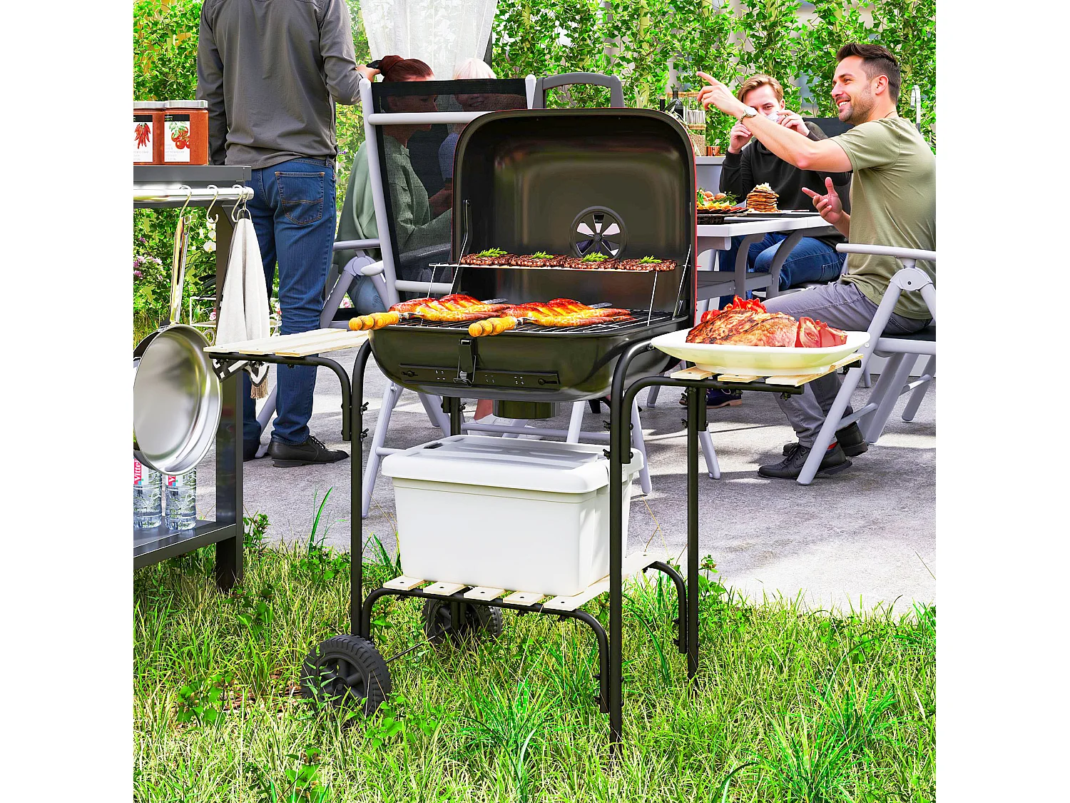 Barbecue a carbone con 3 ripiani ruote e coperchio con ventola rosso