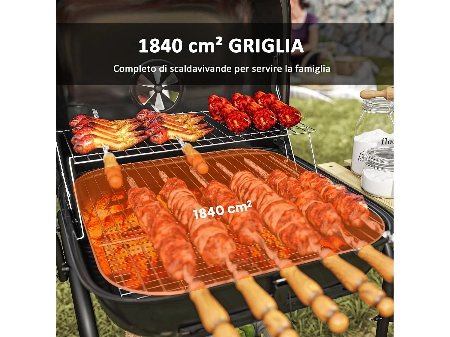 Barbecue a carbone con 3 ripiani ruote e coperchio con ventola rosso