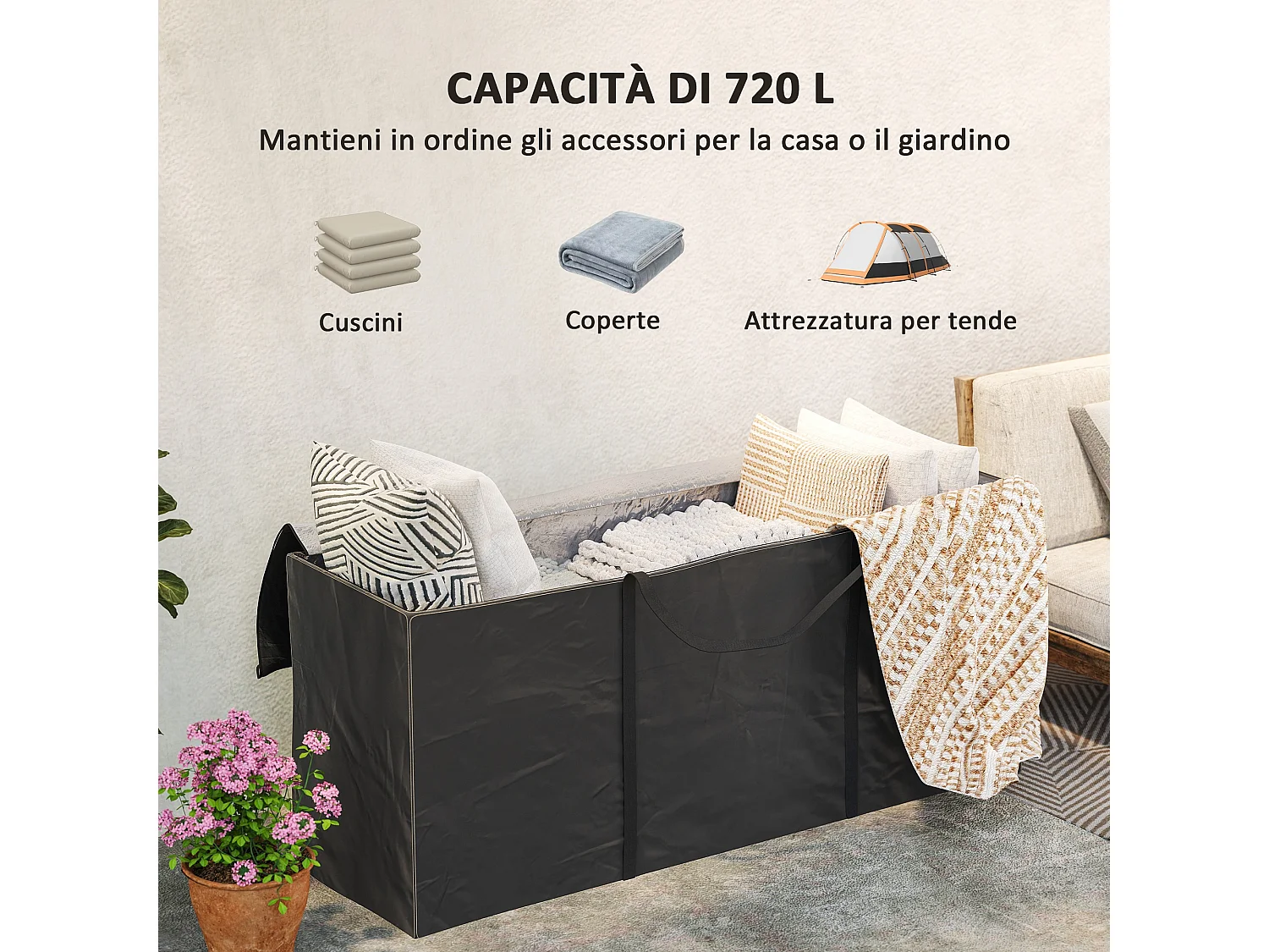 Borsa portaoggetti da 720l con 2 cerniere e maniglie in poliestere nero