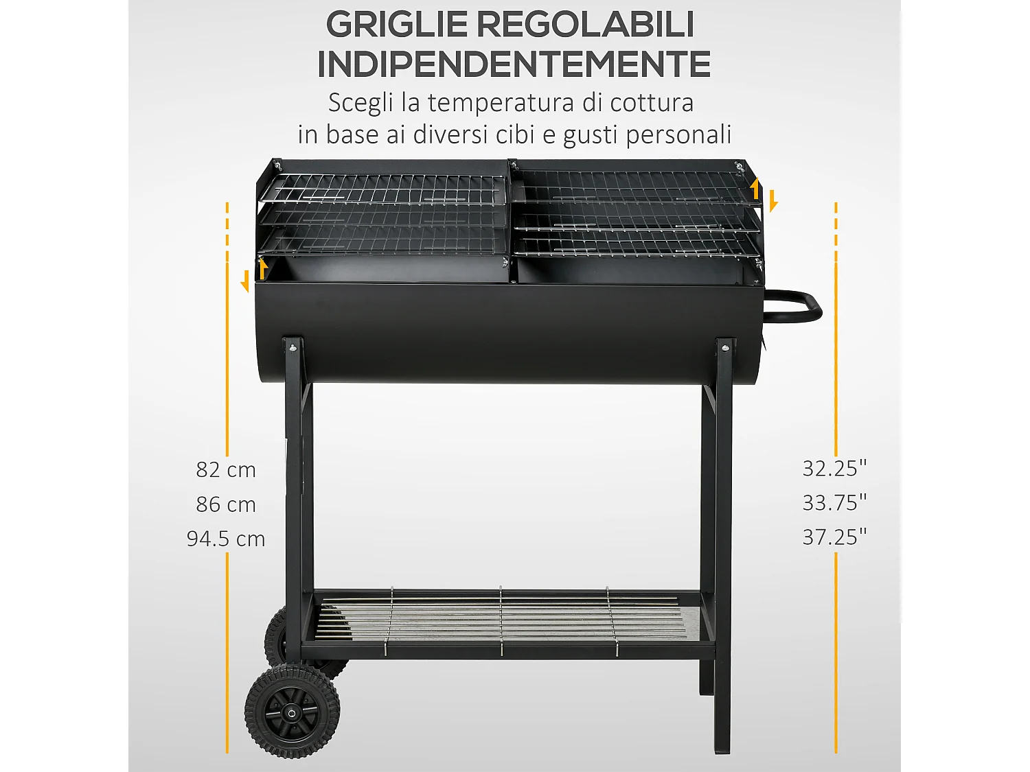 Barbecue in acciaio con 2 griglie indipendenti 90x45x96 cm