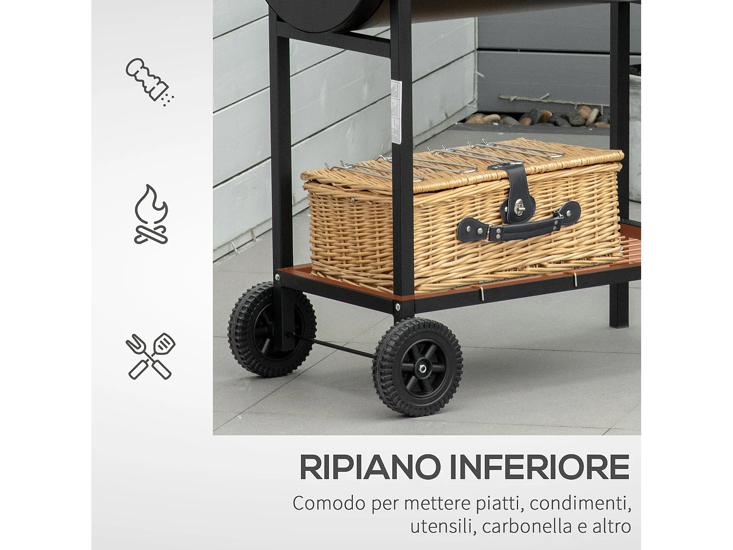Barbecue in acciaio con 2 griglie indipendenti 90x45x96 cm
