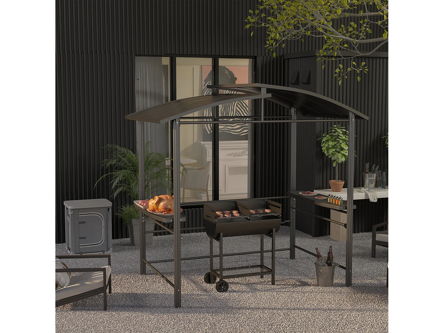 Barbecue in acciaio con 2 griglie indipendenti 90x45x96 cm