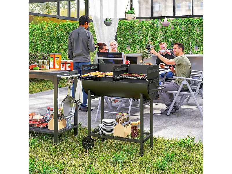 Barbecue in acciaio con 2 griglie indipendenti 90x45x96 cm