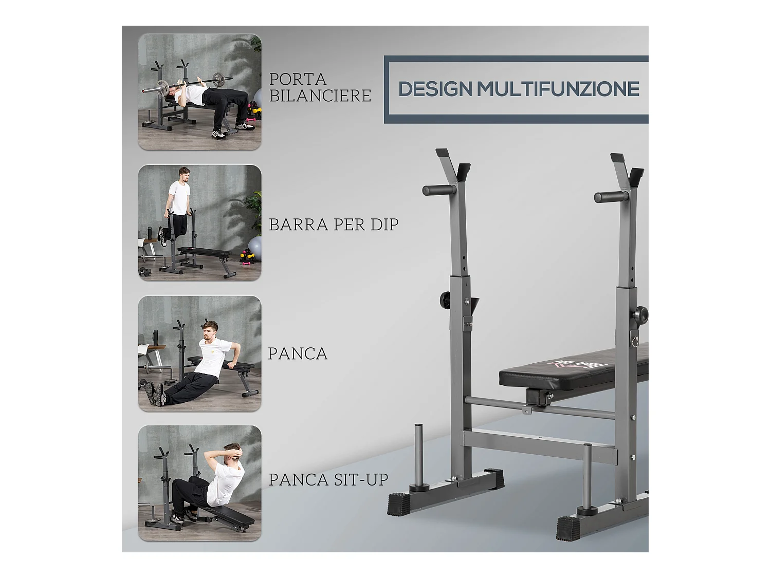 Panca pesi pieghevole e multiuso 8 altezze regolabili in acciaio grigio
