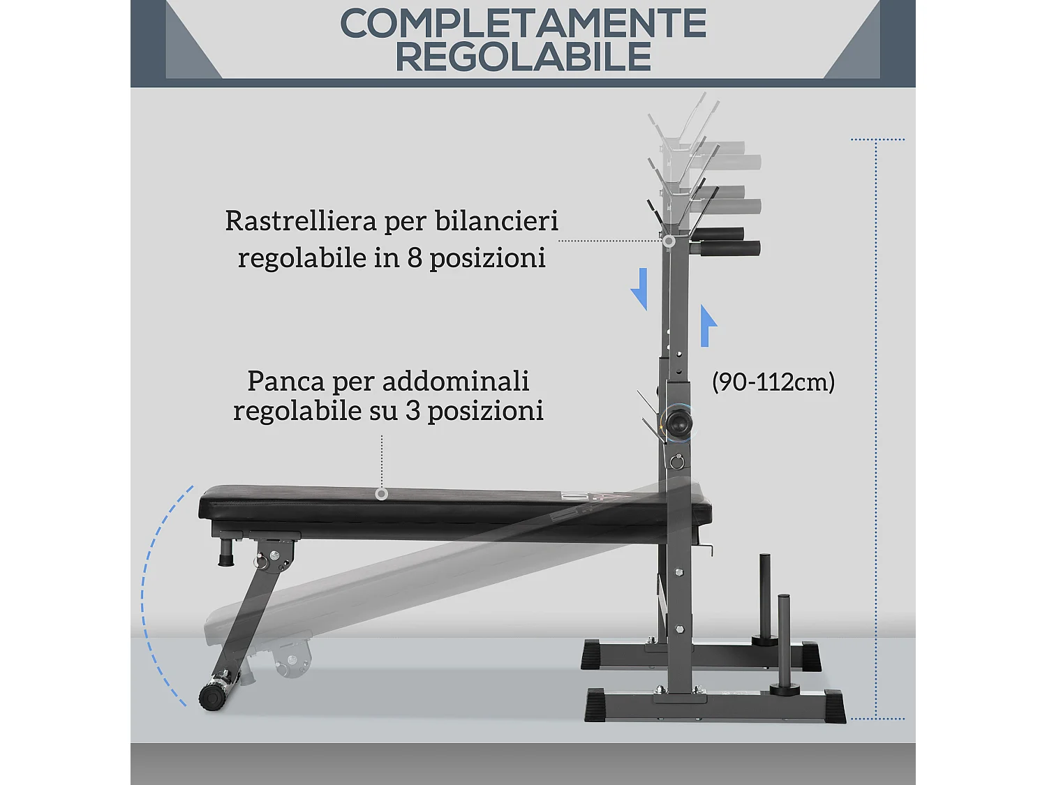 Panca pesi pieghevole e multiuso 8 altezze regolabili in acciaio grigio