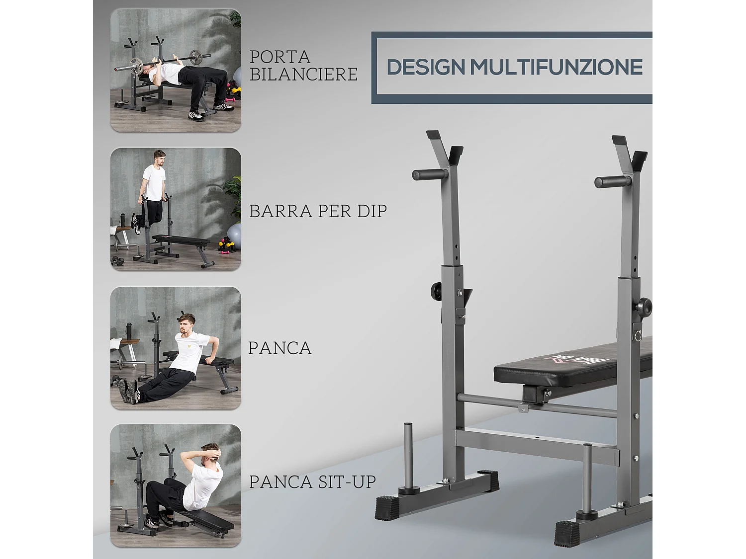 Panca pesi pieghevole e multiuso 8 altezze regolabili in acciaio grigio