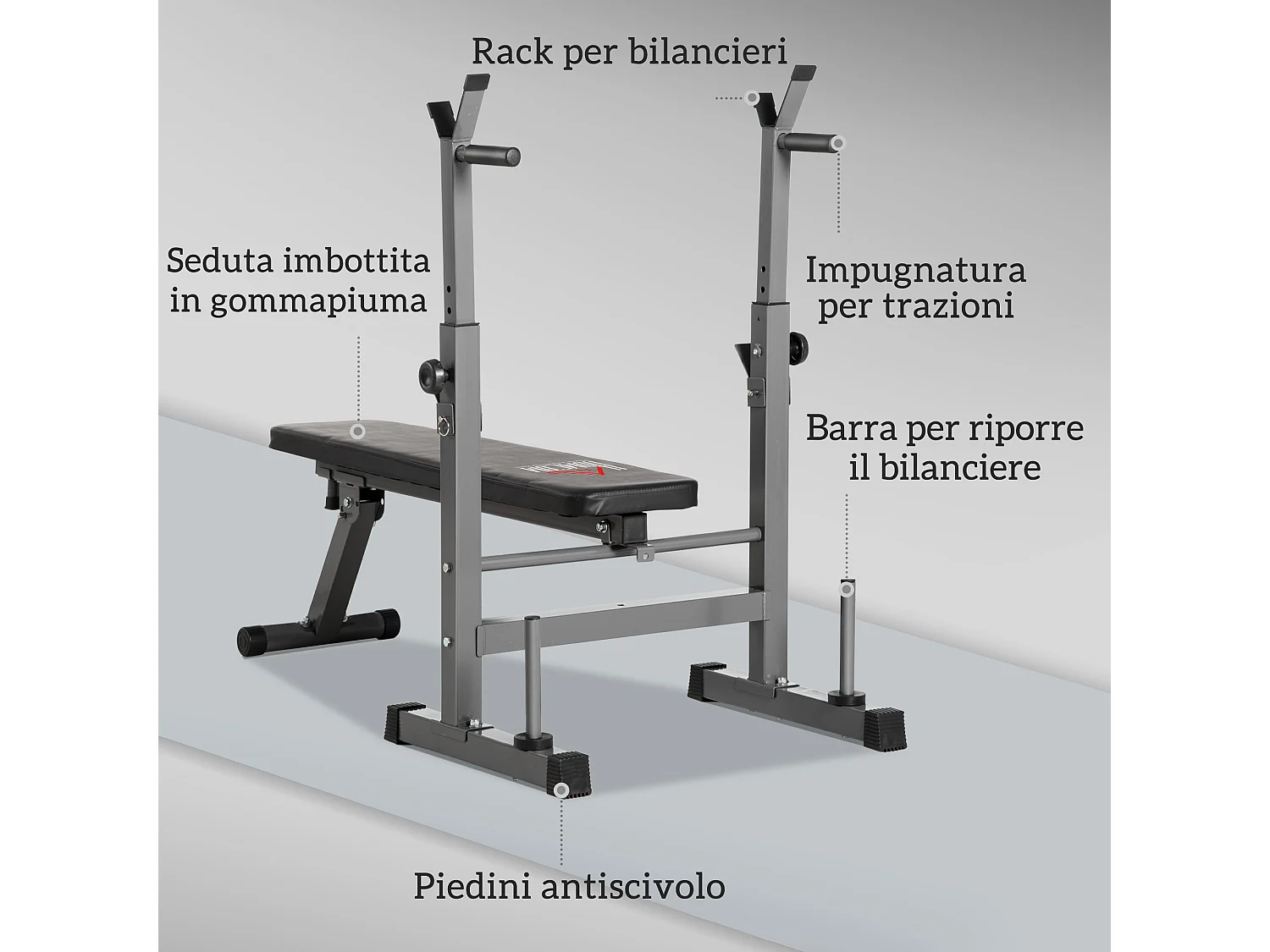 Panca pesi pieghevole e multiuso 8 altezze regolabili in acciaio grigio