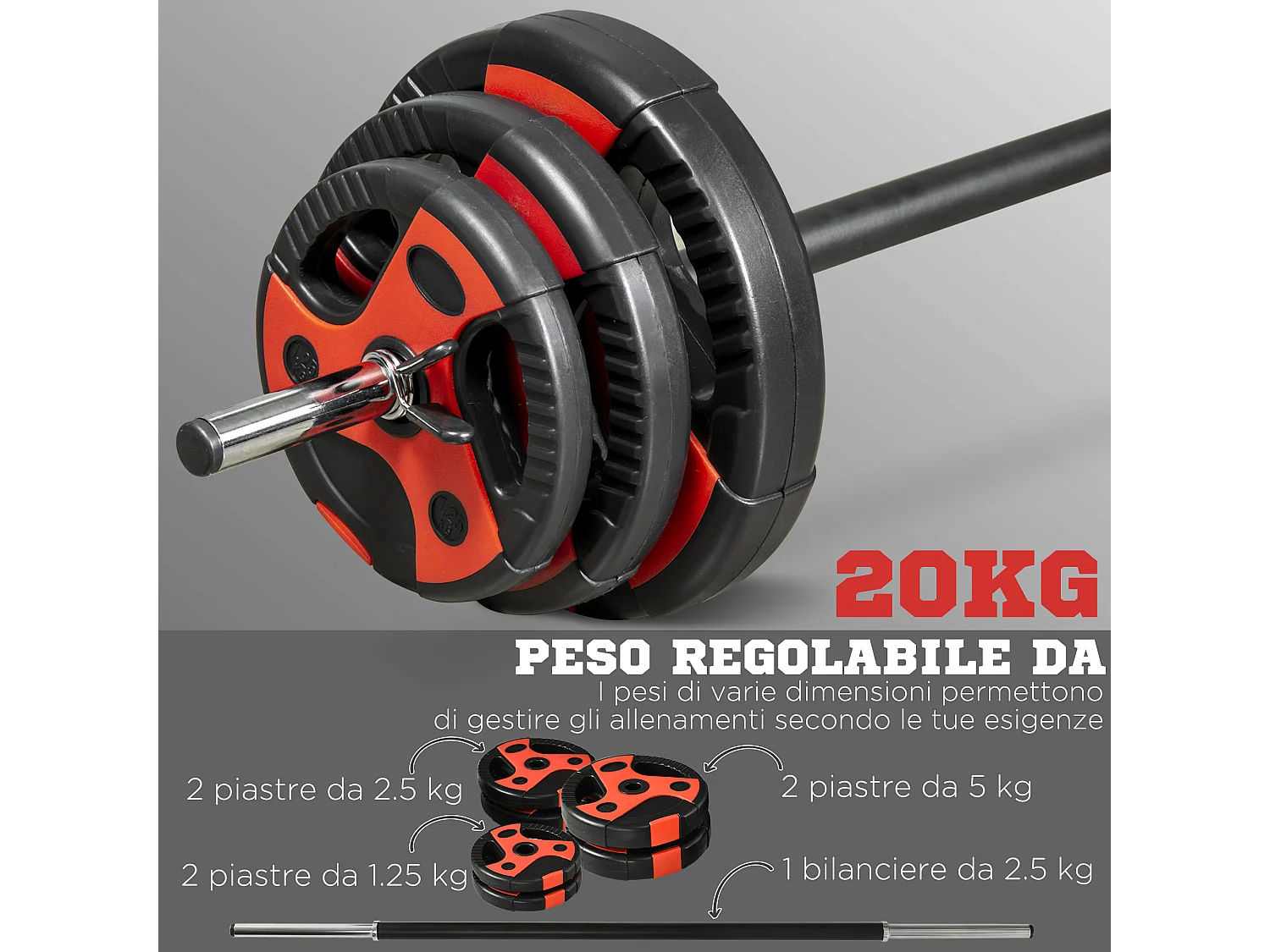 Set bilanciere e dischi da 20kg totali con impugnatura antiscivolo