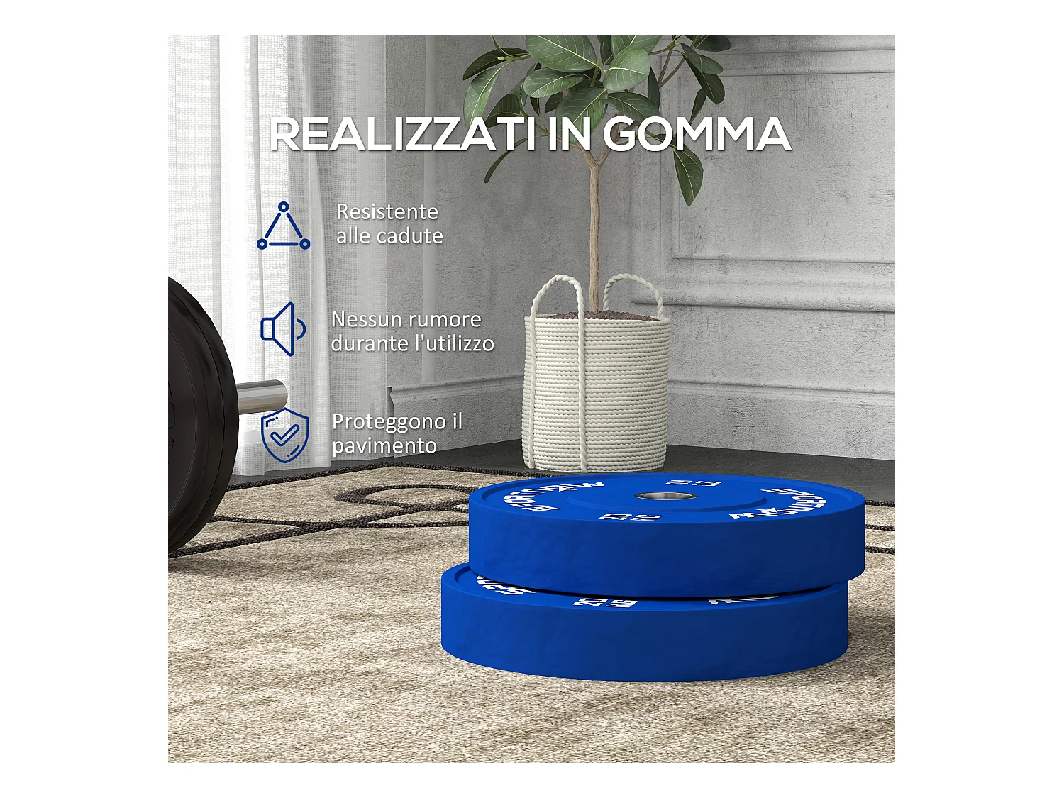 Set 2 dischi pesi 20 kg in gomma foro 5 cm per manubri e bilancieri blu
