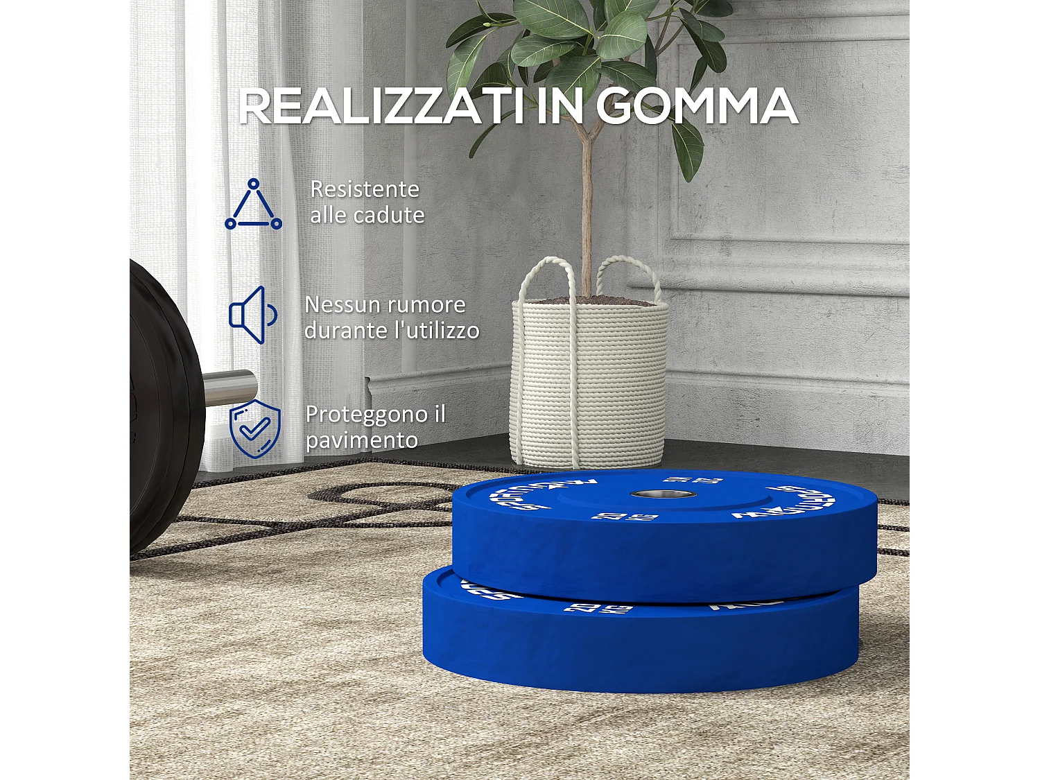 Set 2 dischi pesi 20 kg in gomma foro 5 cm per manubri e bilancieri blu