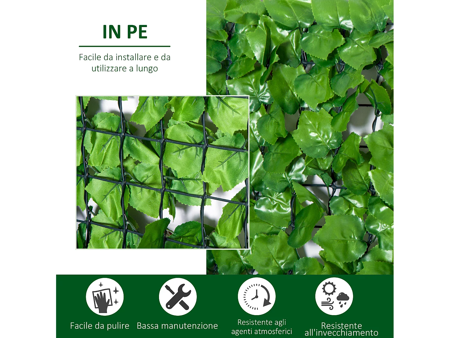 Rotolo di siepe artificiale per giardino 300x150cm in pe verde