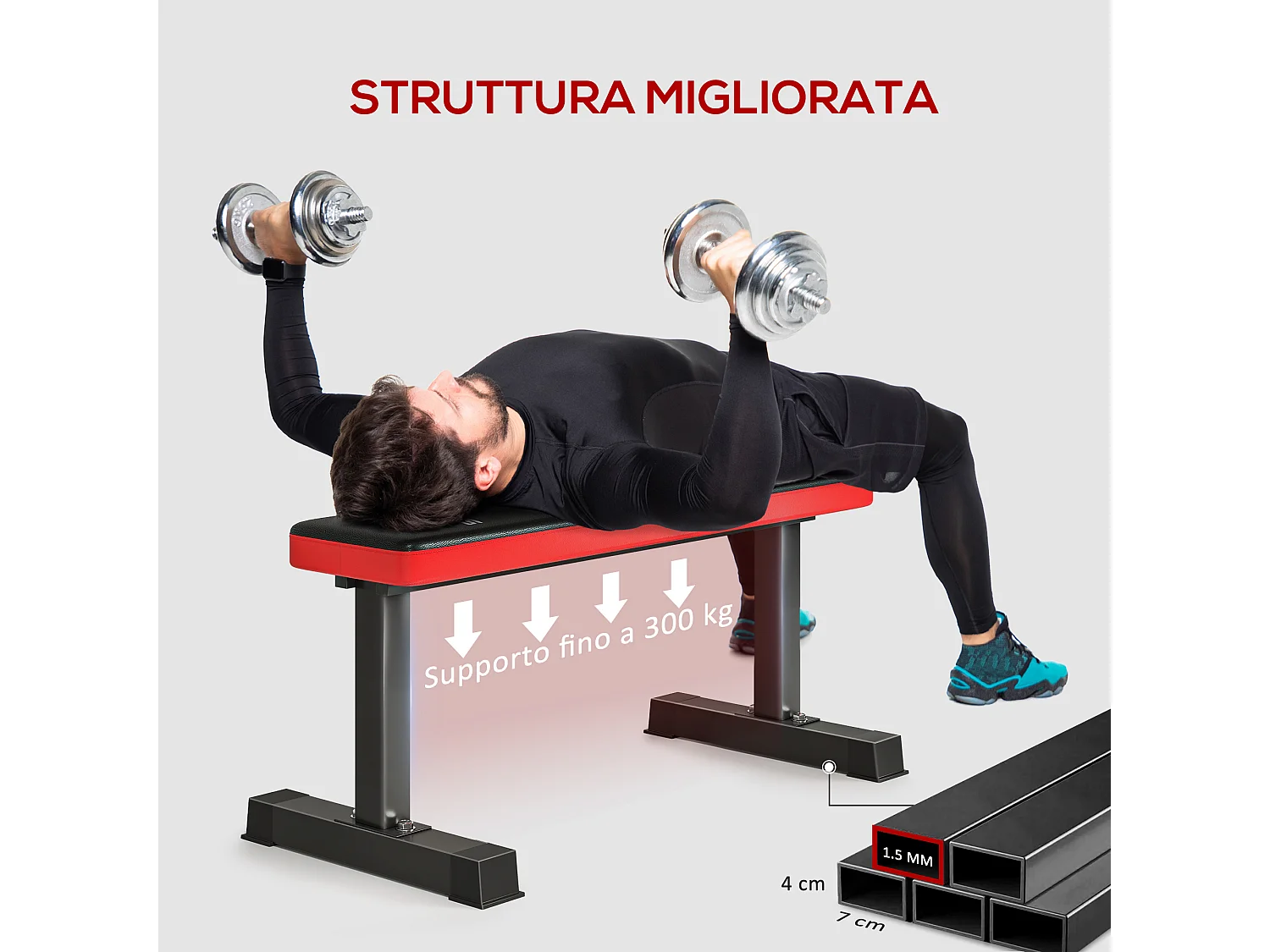 Panca piana per addominali con cuscino e capacità 300kg in acciaio