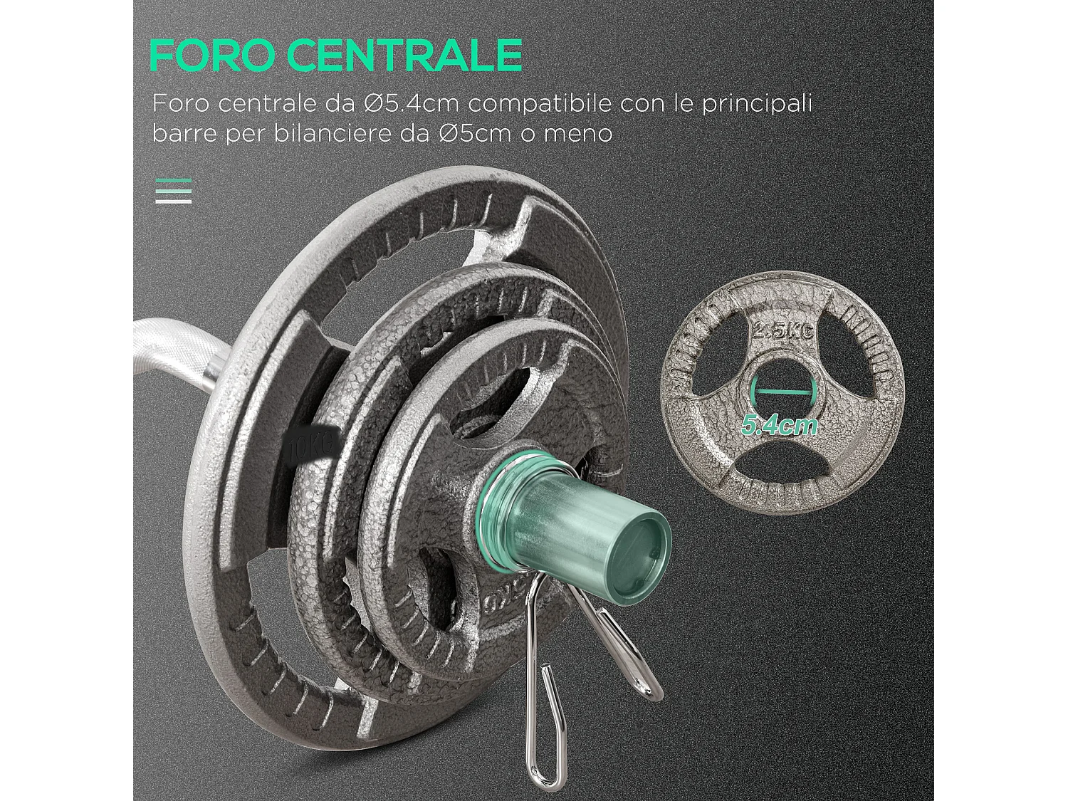 Set 6 dischi pesi da 35kg per bilanciere in acciaio diametro foro փ5.4cm