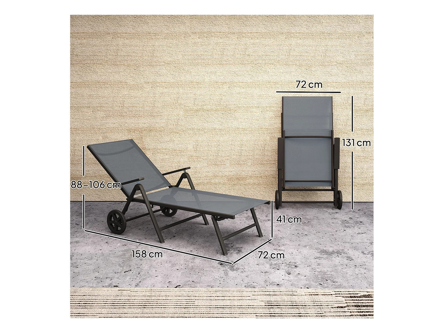 Lettino sdraio pieghevole reclinabile in 5 posizioni con ruote grigio