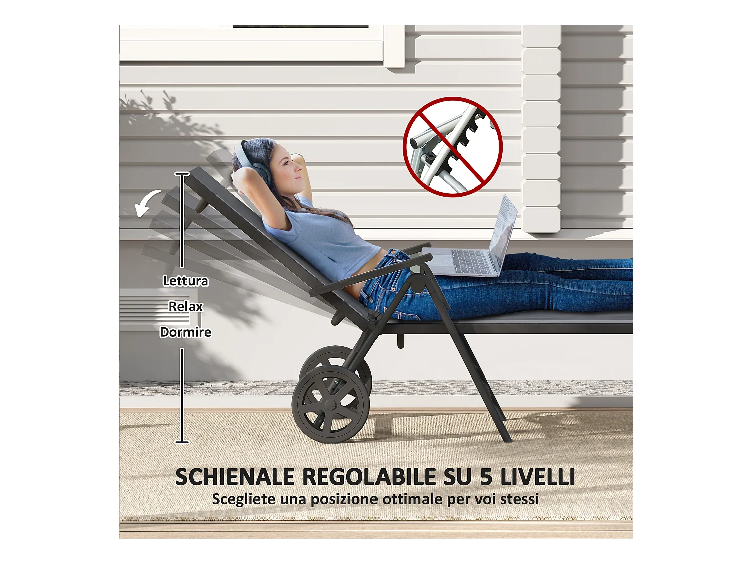 Lettino sdraio pieghevole reclinabile in 5 posizioni con ruote grigio