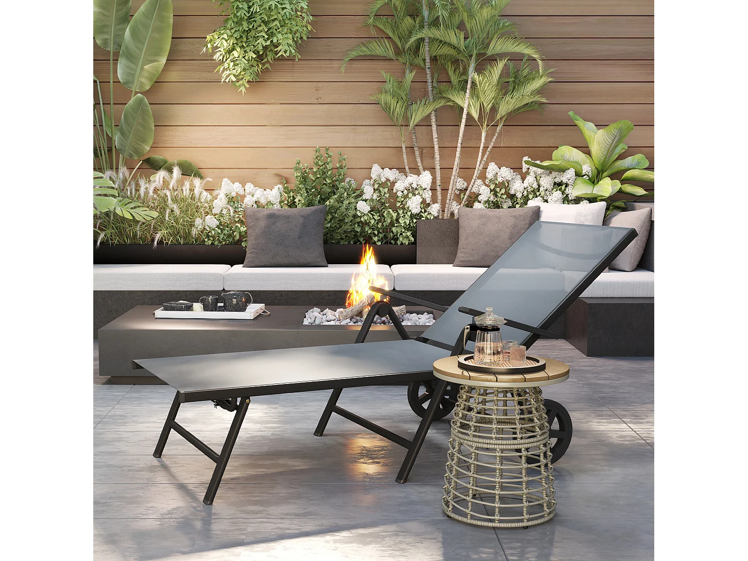 Lettino sdraio pieghevole reclinabile in 5 posizioni con ruote grigio