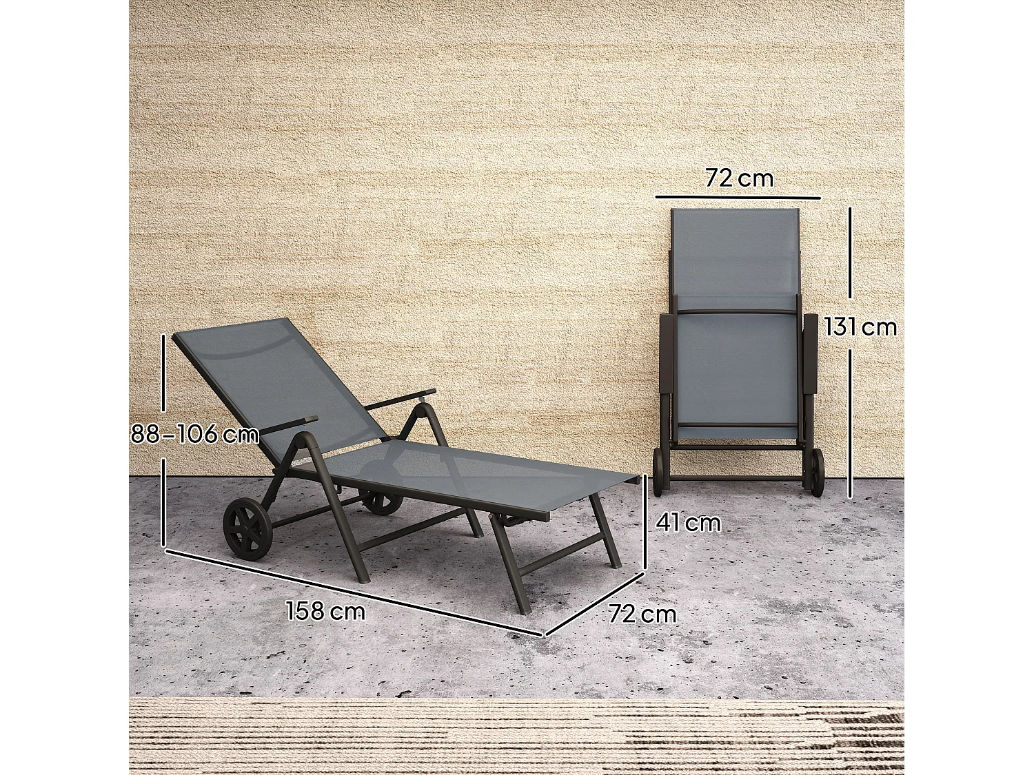 Lettino sdraio pieghevole reclinabile in 5 posizioni con ruote grigio
