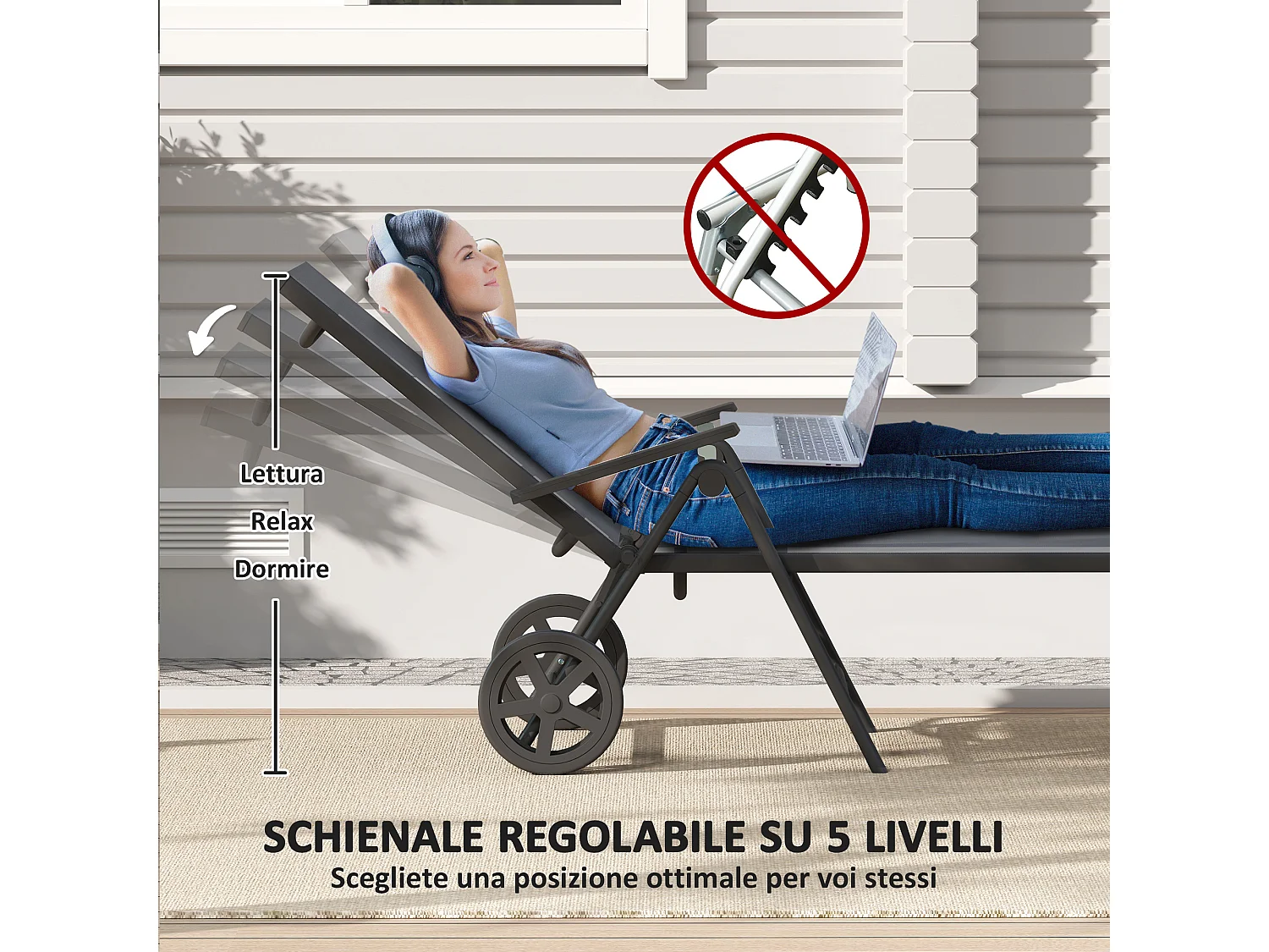 Lettino sdraio pieghevole reclinabile in 5 posizioni con ruote grigio