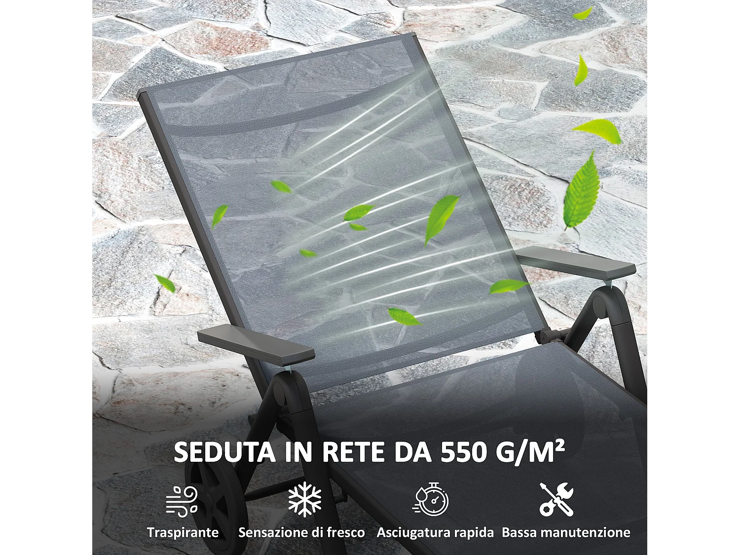 Lettino sdraio pieghevole reclinabile in 5 posizioni con ruote grigio