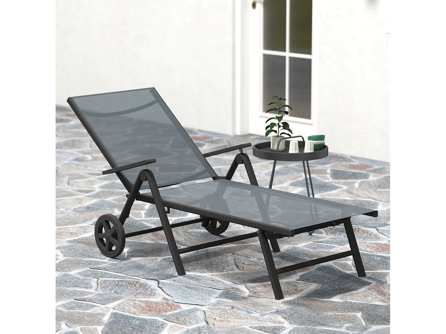 Lettino sdraio pieghevole reclinabile in 5 posizioni con ruote grigio