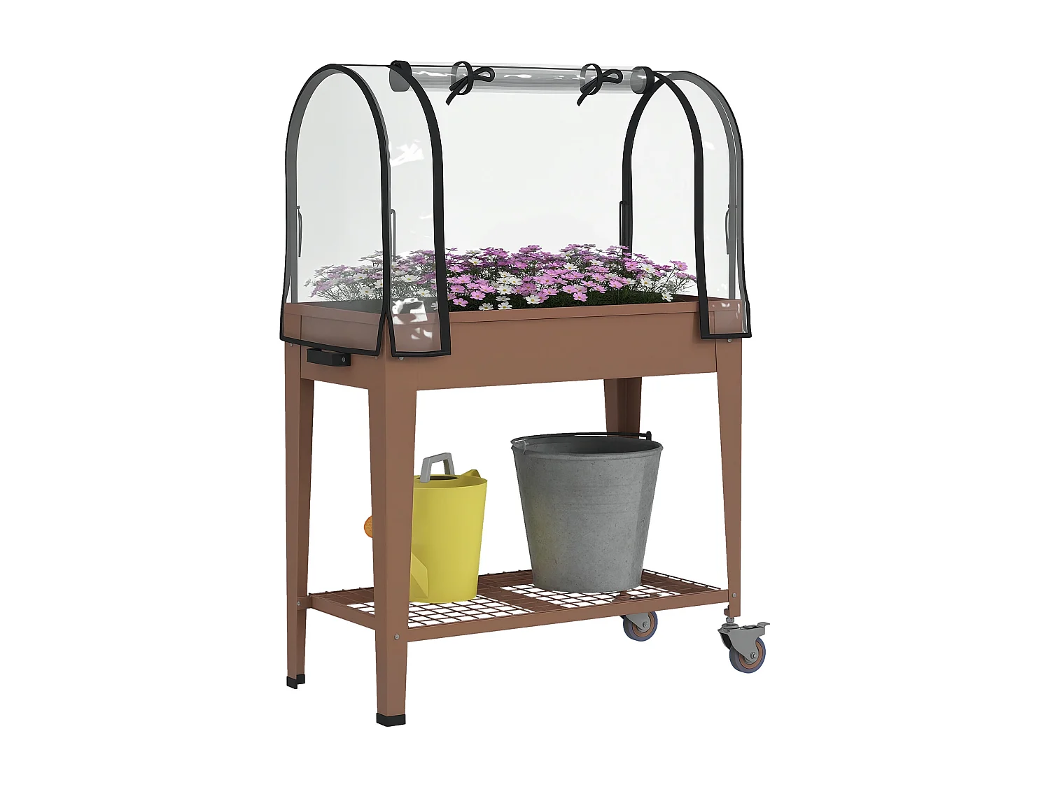 Fioriera rialzata con copertura mini serra, ruote e ripiano, marrone