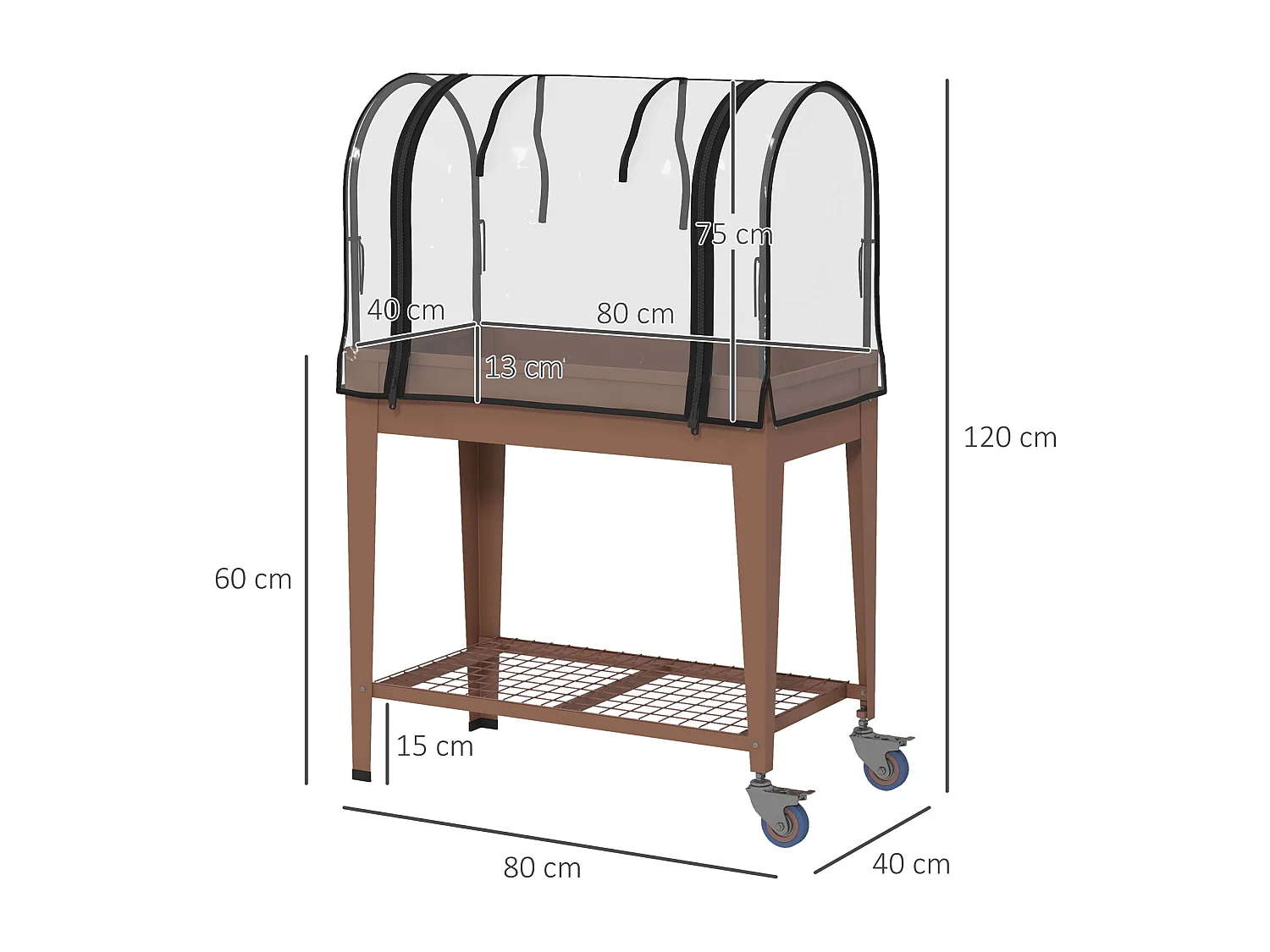 Fioriera rialzata con copertura mini serra, ruote e ripiano, marrone