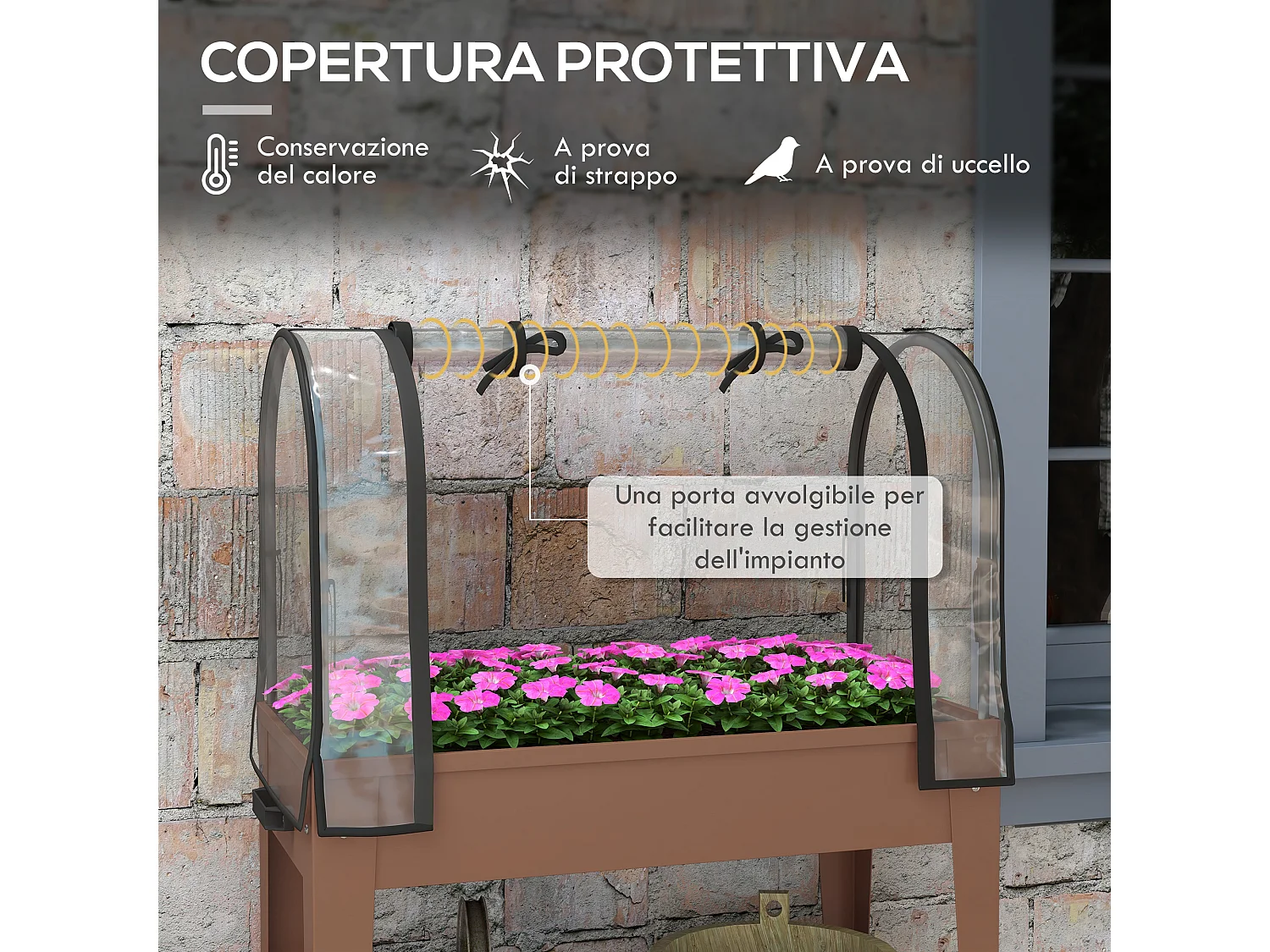 Fioriera rialzata con copertura mini serra, ruote e ripiano, marrone