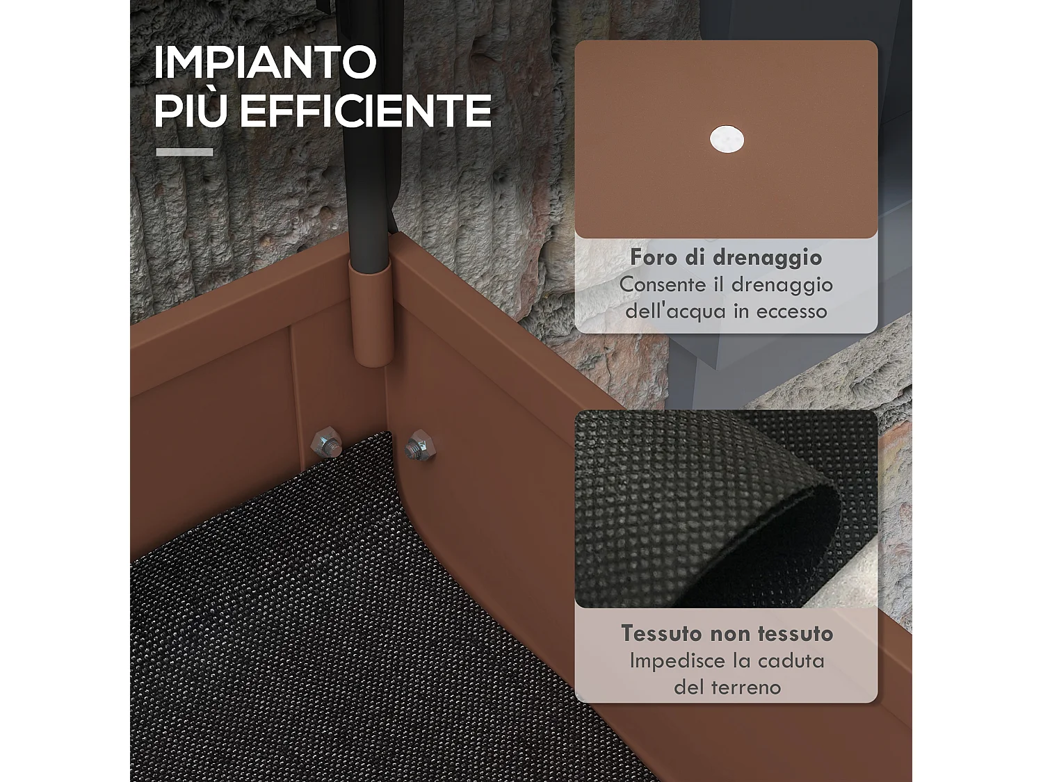 Fioriera rialzata con copertura mini serra, ruote e ripiano, marrone