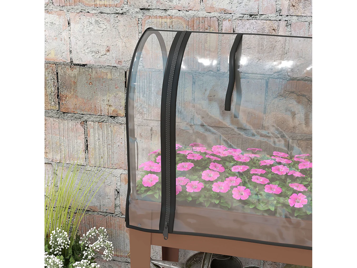 Fioriera rialzata con copertura mini serra, ruote e ripiano, marrone