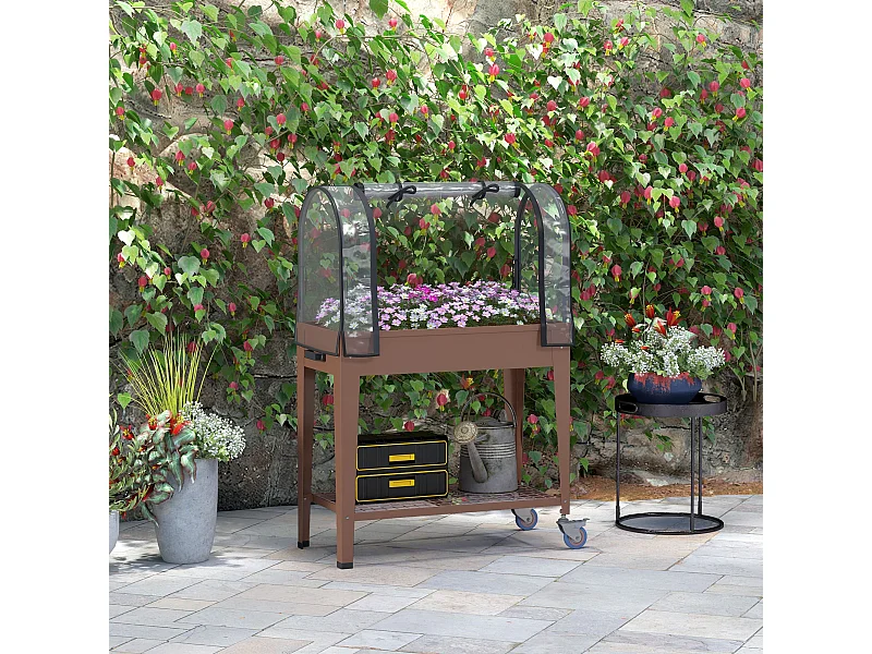 Fioriera rialzata con copertura mini serra, ruote e ripiano, marrone