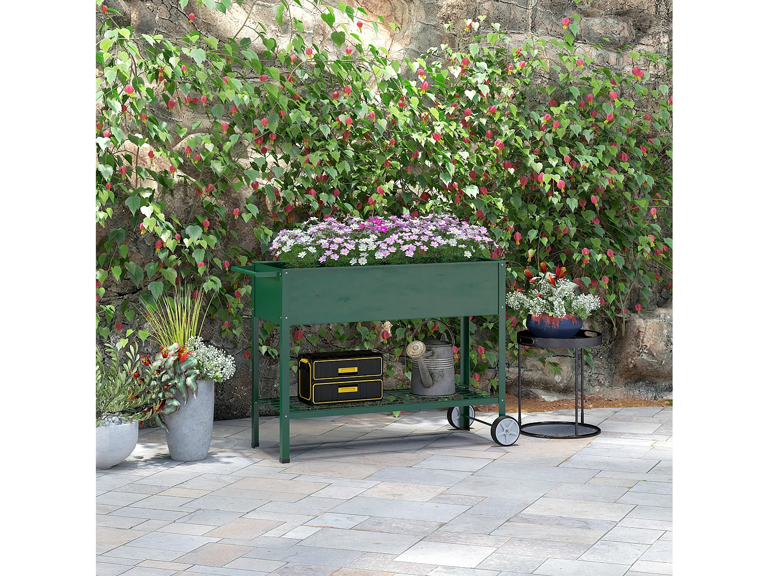 Fioriera da esterno in metallo con mensola inferiore verde