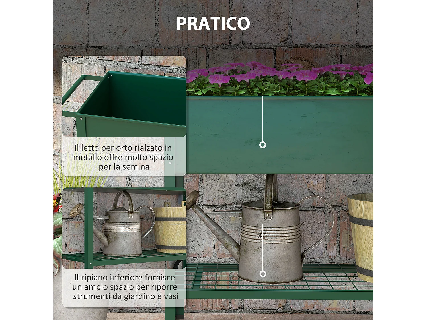 Fioriera da esterno in metallo con mensola inferiore verde
