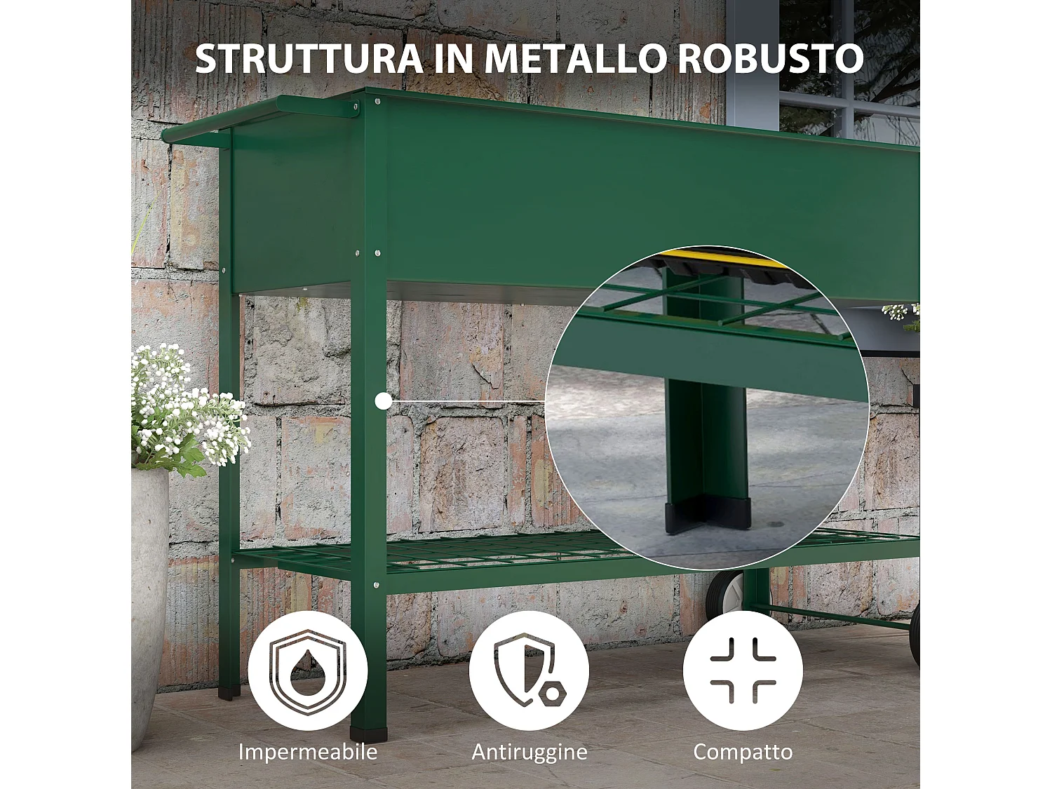 Fioriera da esterno in metallo con mensola inferiore verde