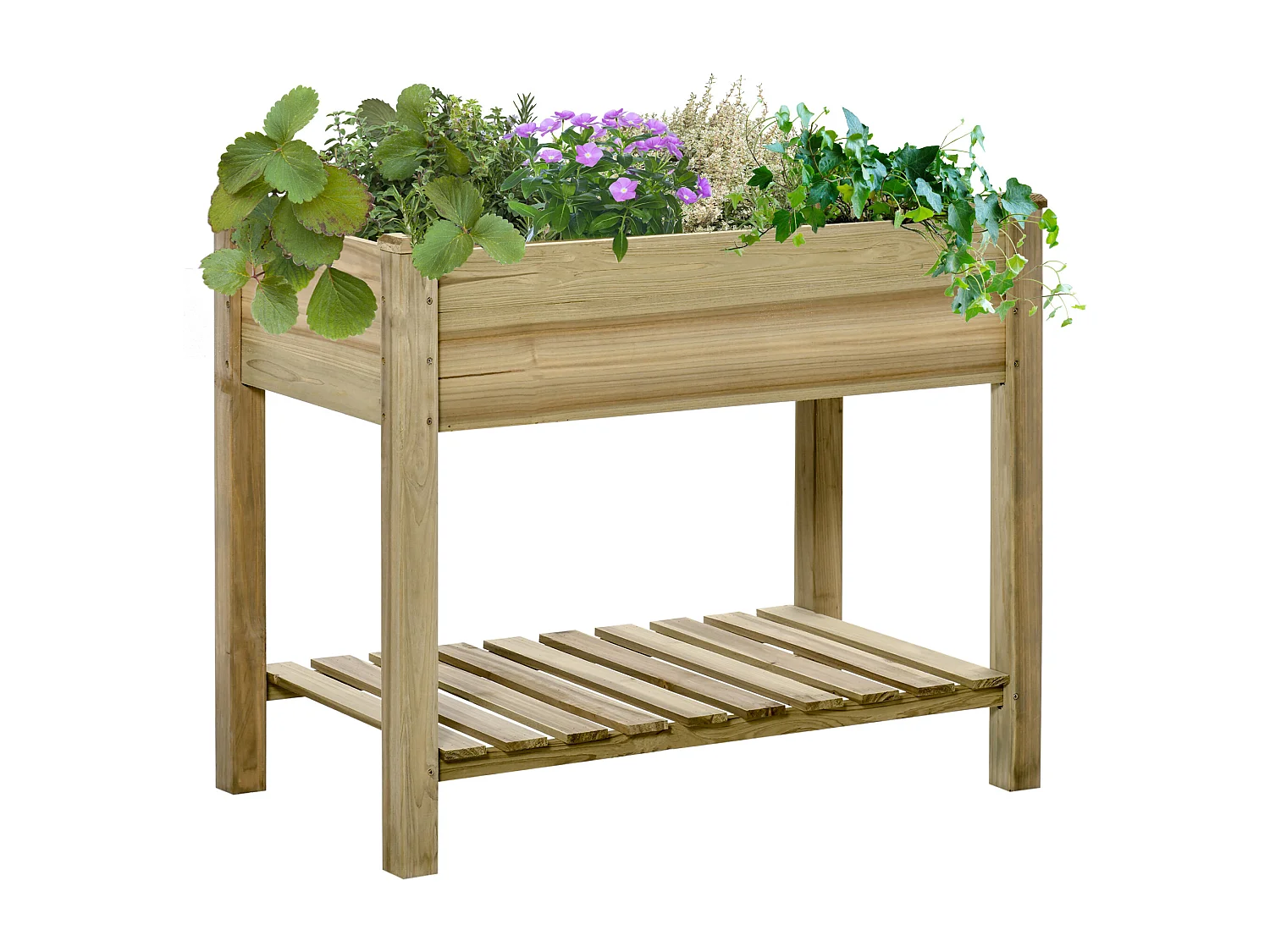 Fioriera rialzata in legno con gambe e ripiano inferiore