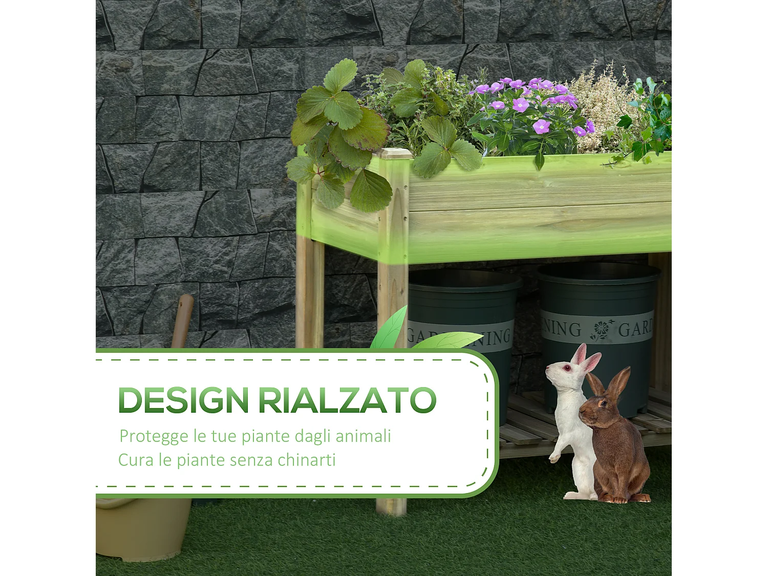 Fioriera rialzata in legno con gambe e ripiano inferiore