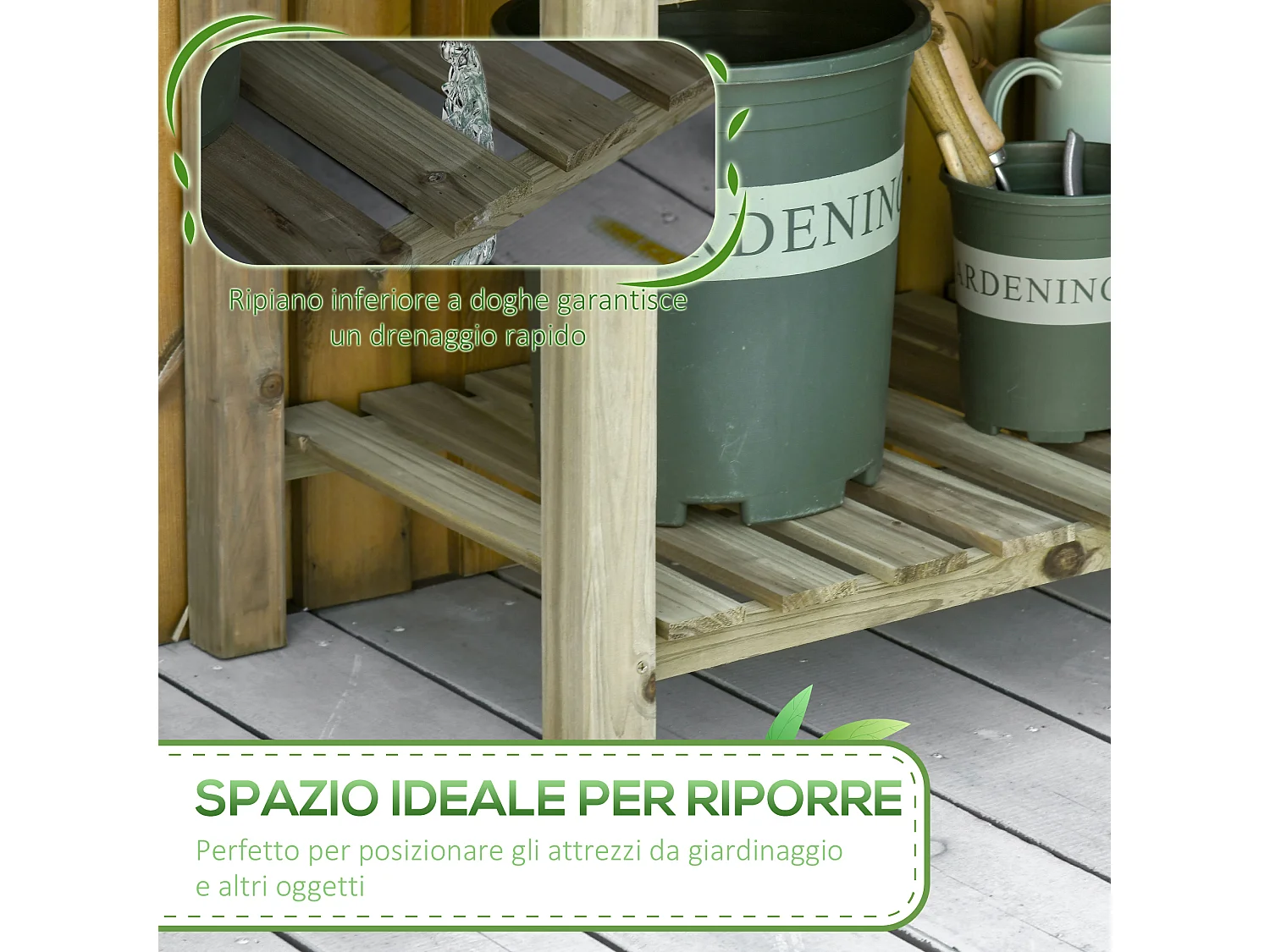 Fioriera rialzata in legno con gambe e ripiano inferiore