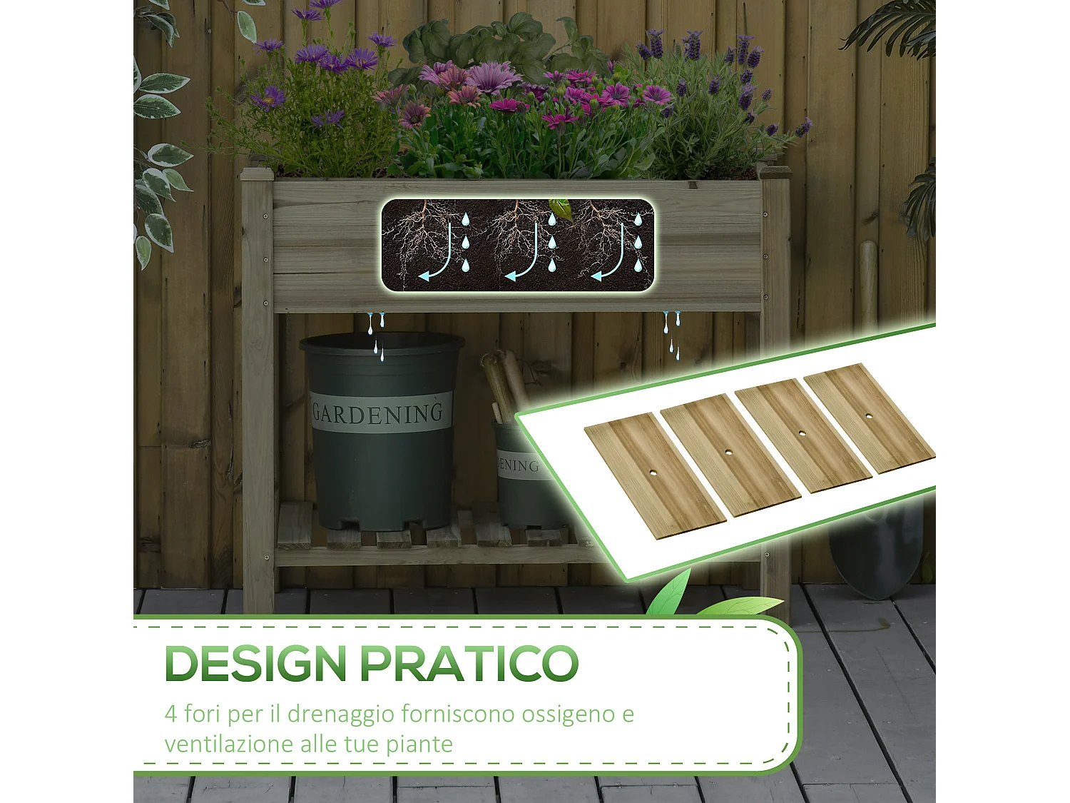 Fioriera rialzata in legno con gambe e ripiano inferiore