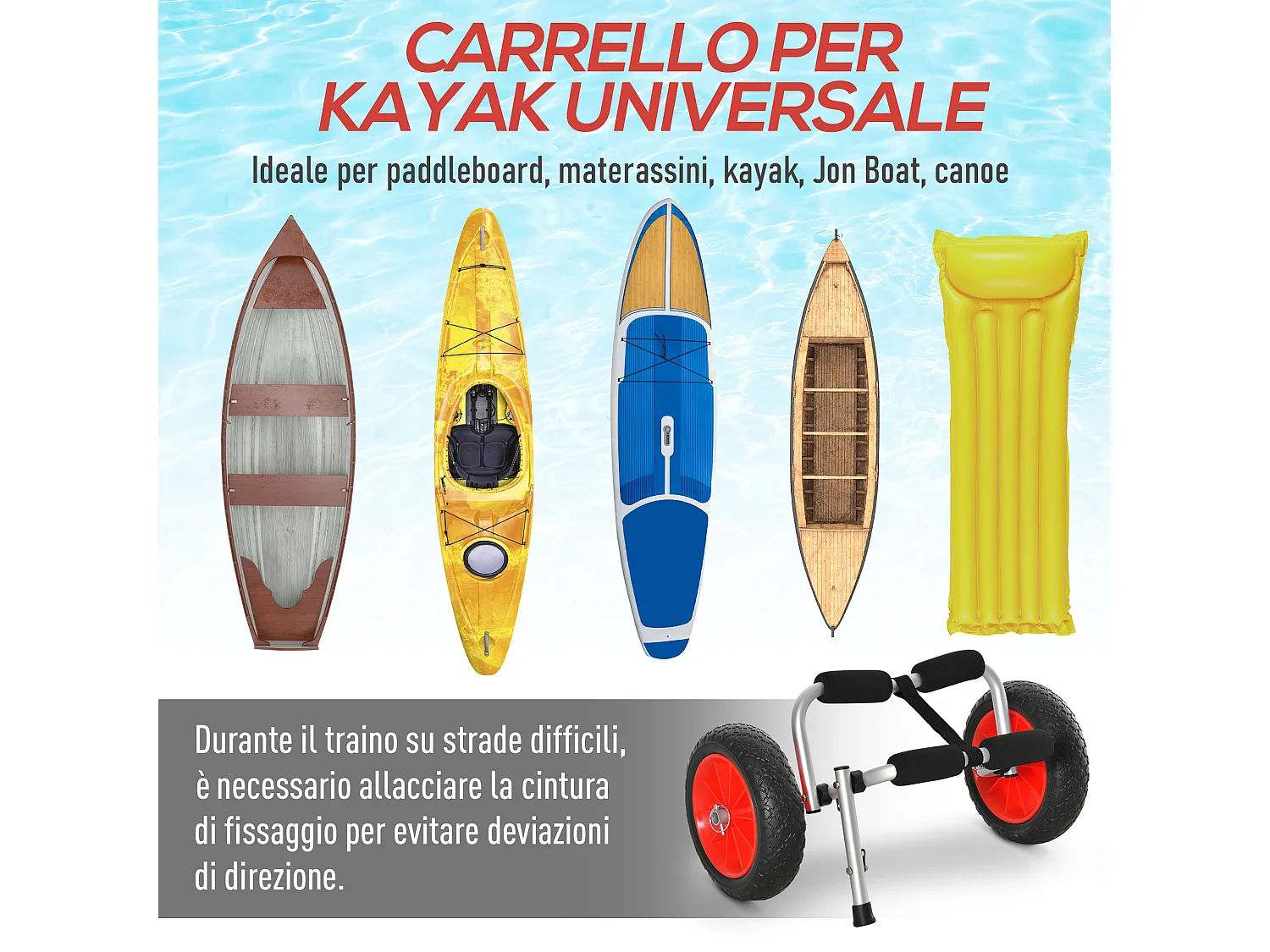 Carrello pieghevole per kayak con ruote 25 cm in alluminio max 70 kg