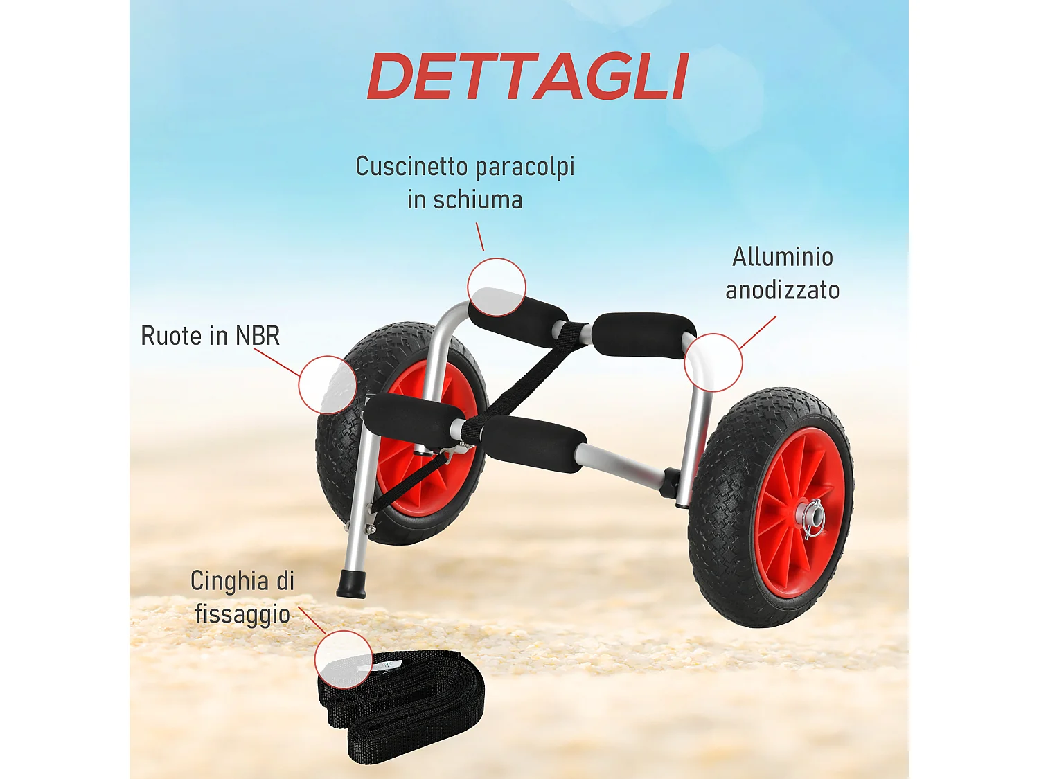 Carrello pieghevole per kayak con ruote 25 cm in alluminio max 70 kg