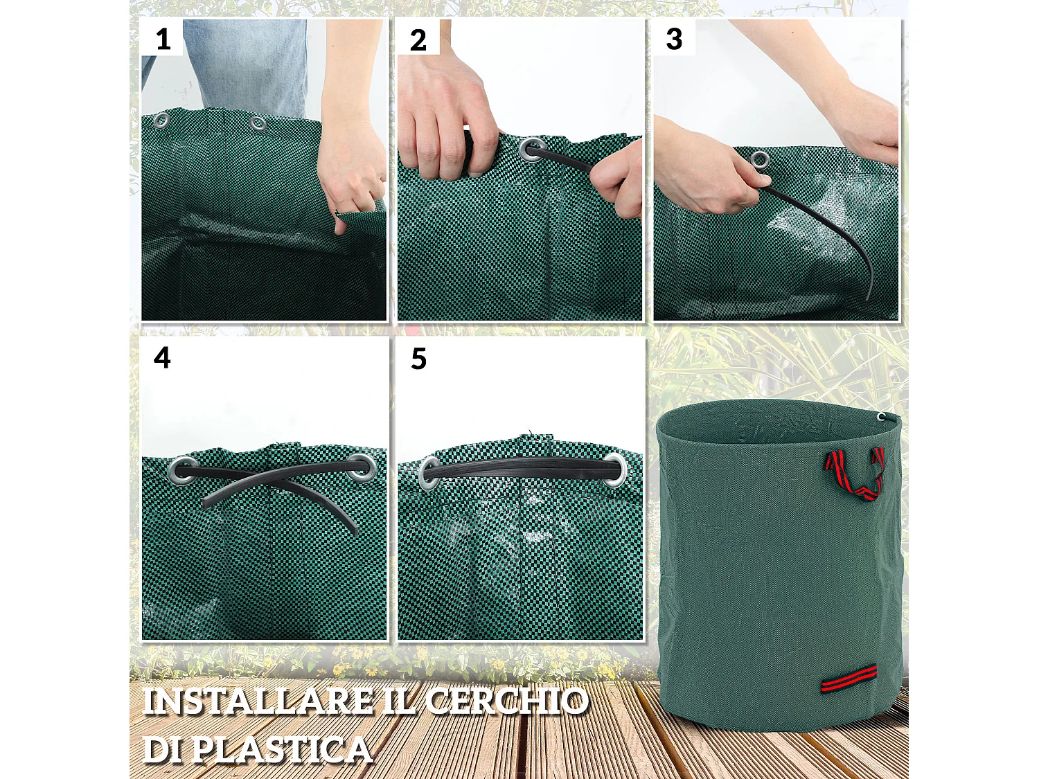 Set 3 sacchi per rifiuti da giardino 272l richiudibili con manici verde