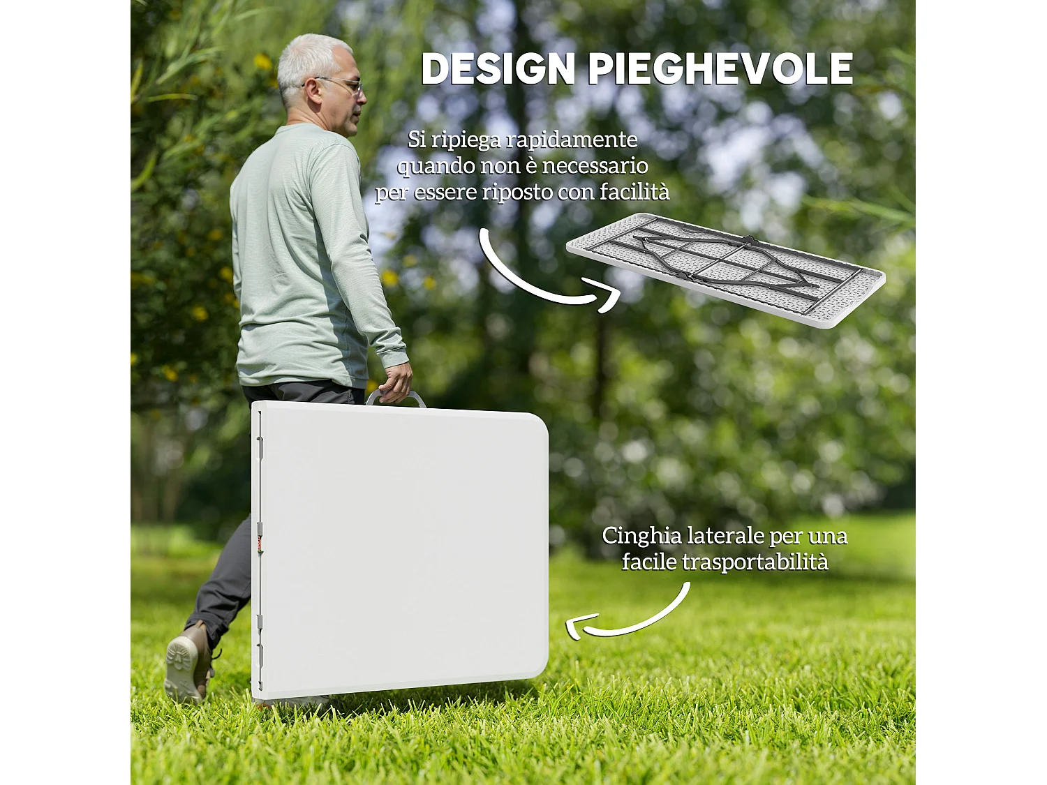 Tavolo da giardino e campeggio pieghevole con maniglia bianco