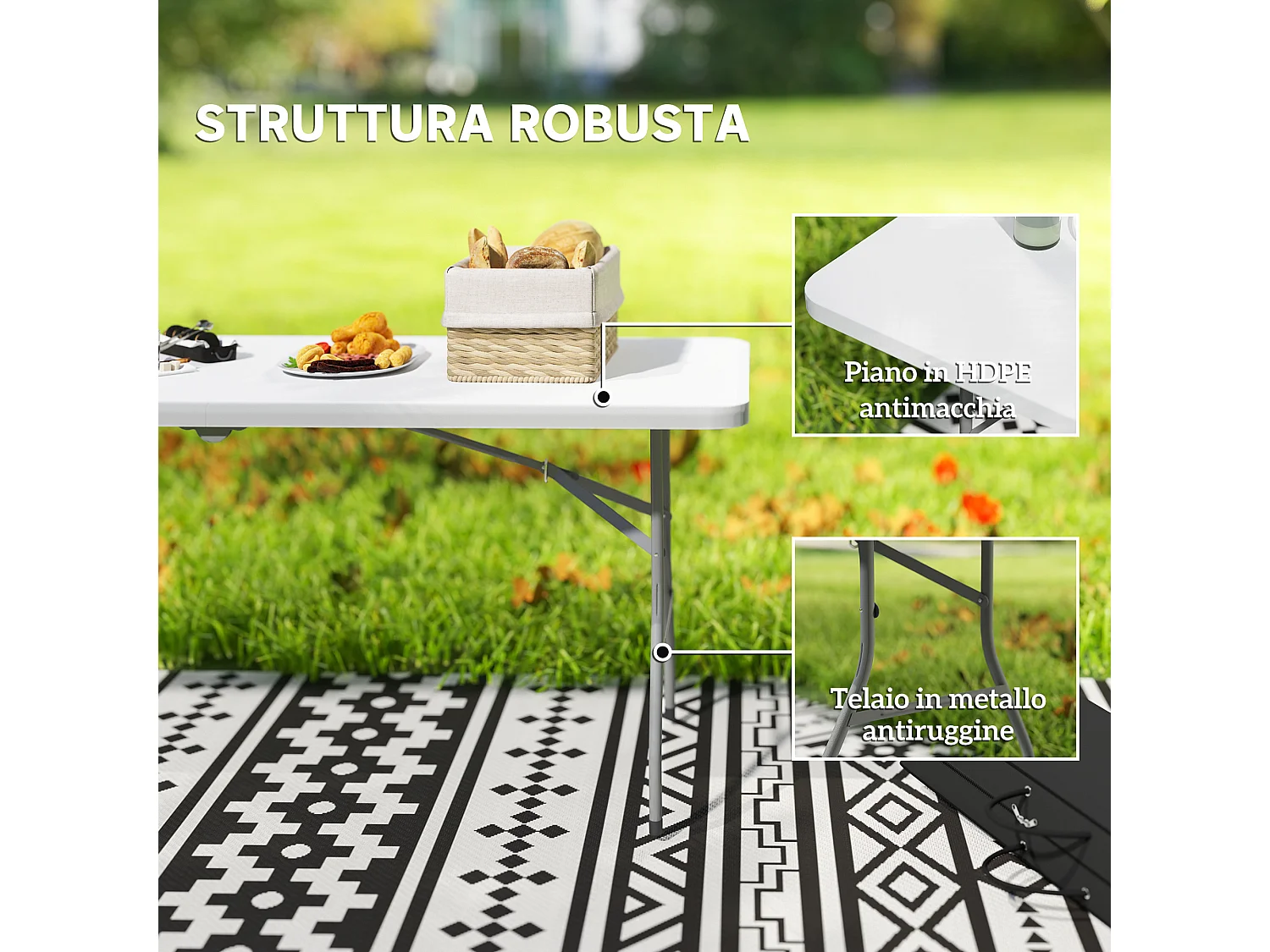 Tavolo da giardino e campeggio pieghevole con maniglia bianco