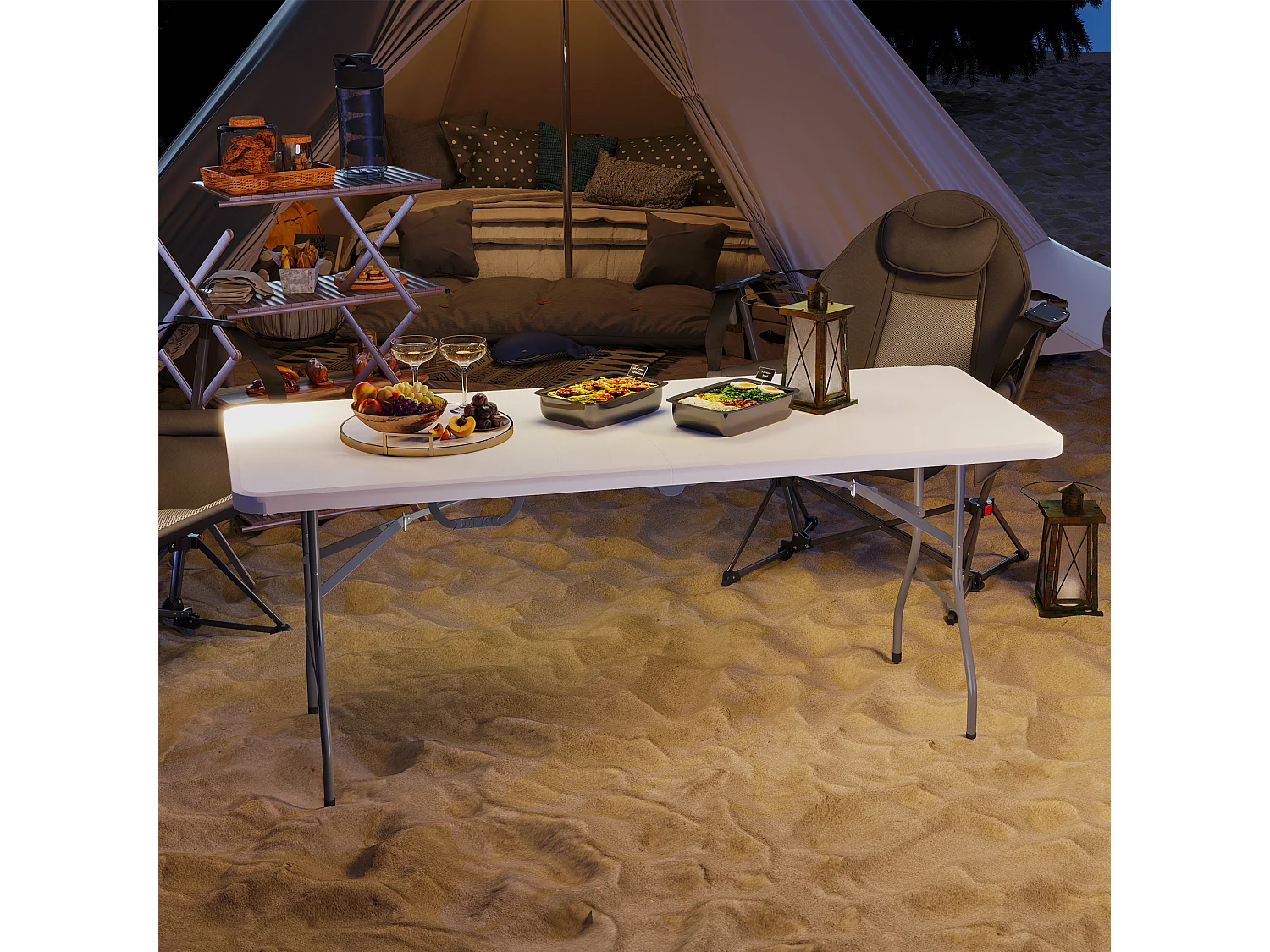 Tavolo da giardino e campeggio pieghevole con maniglia bianco